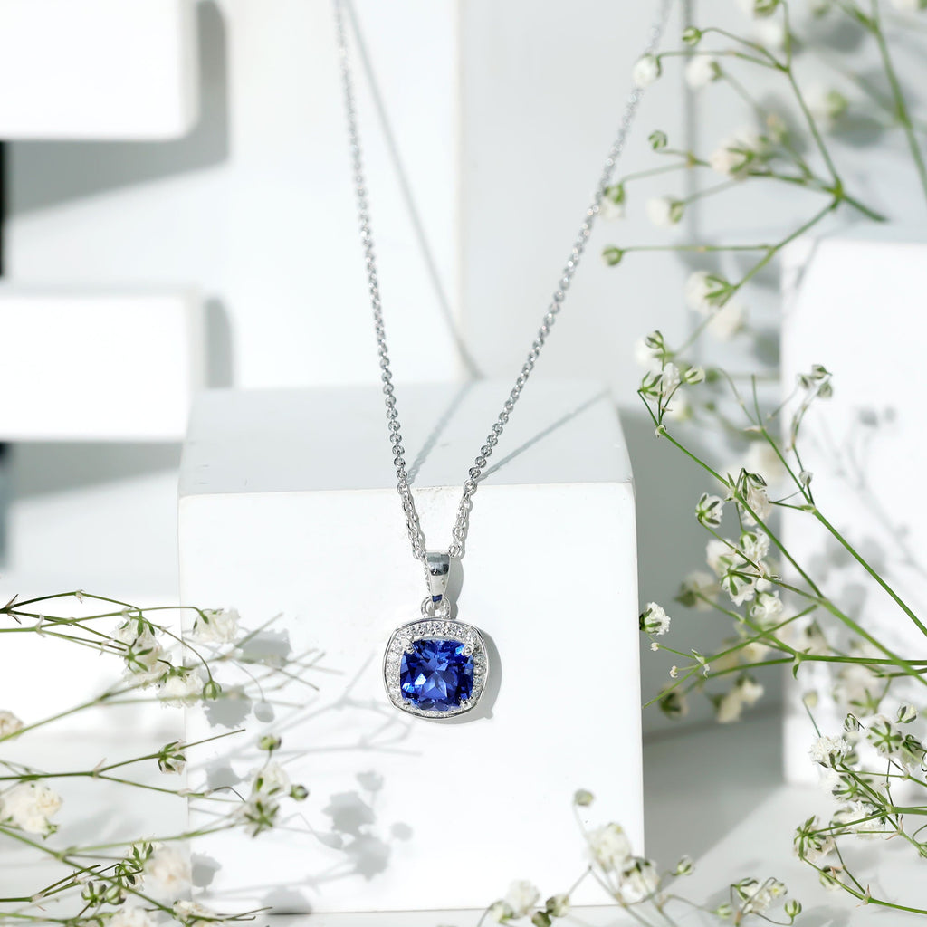 Cushion Cut Lab Created Blue Sapphire Halo Pendant With Moissanite