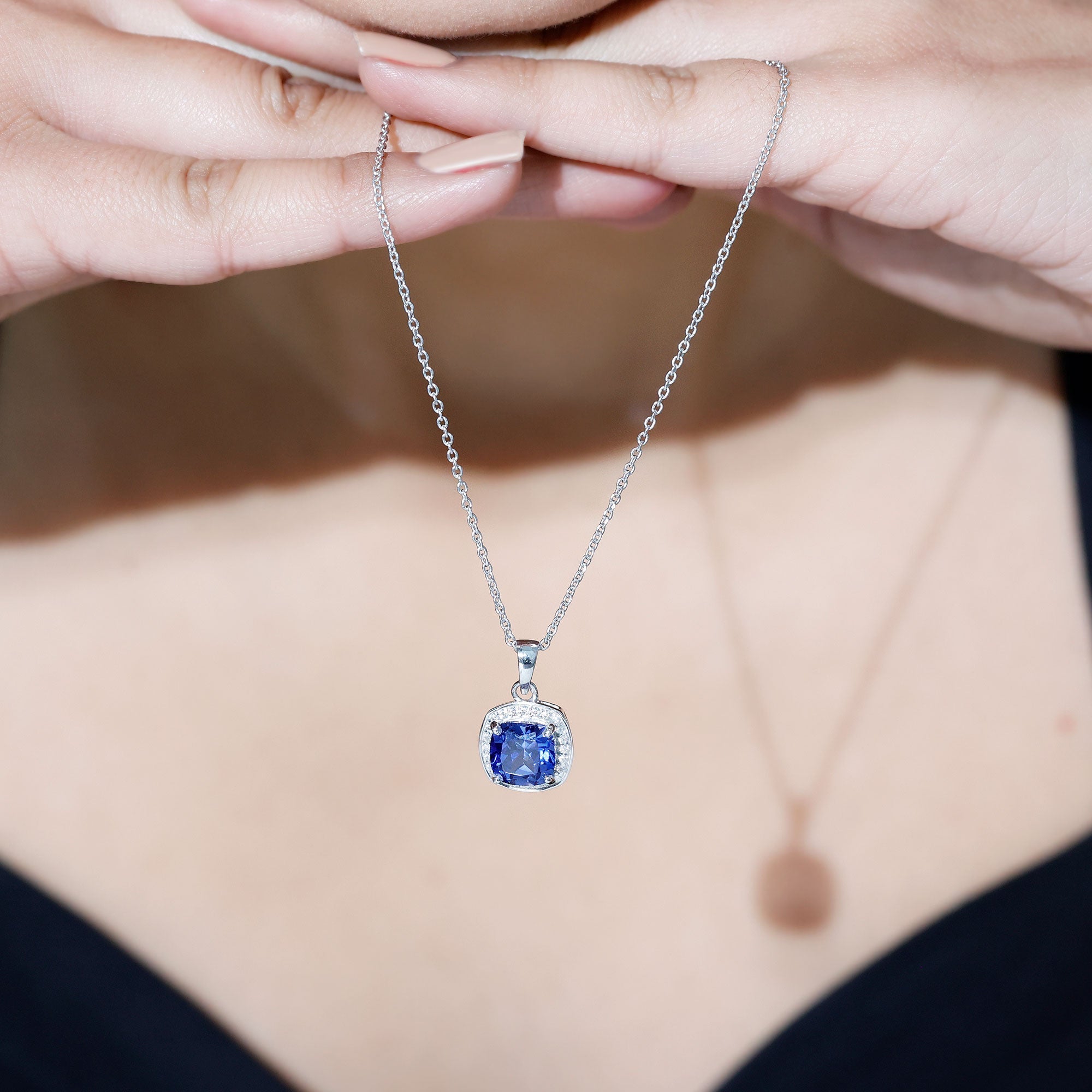 Cushion Cut Lab Created Blue Sapphire Halo Pendant With Moissanite