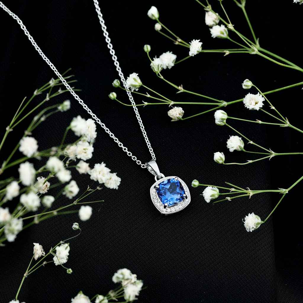 Cushion Cut Lab Created Blue Sapphire Halo Pendant With Moissanite