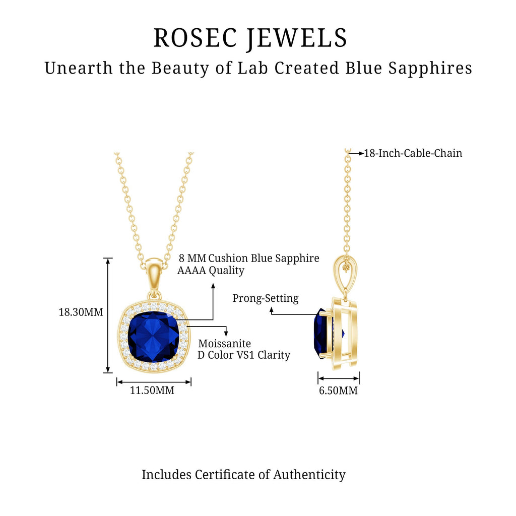 Cushion Cut Lab Created Blue Sapphire Halo Pendant With Moissanite