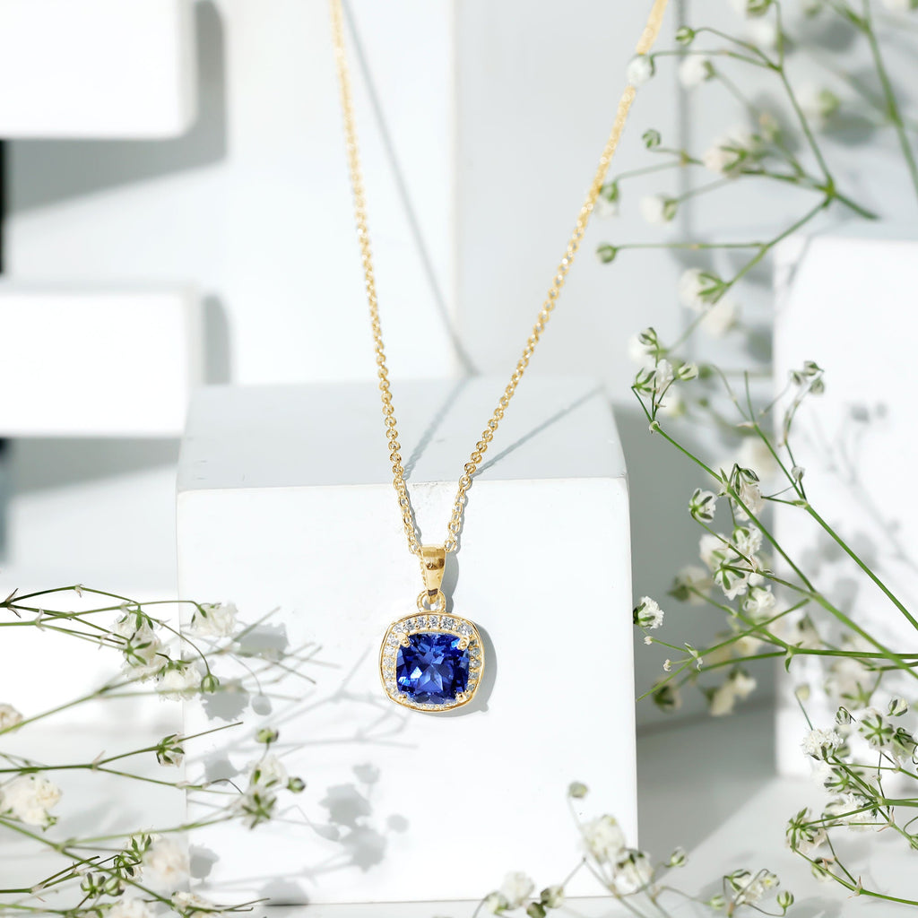 Cushion Cut Lab Created Blue Sapphire Halo Pendant With Moissanite
