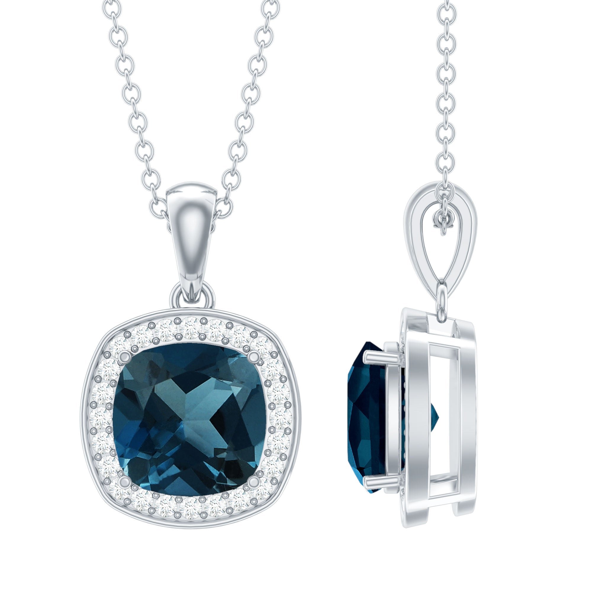 Cushion Cut 2.8 Carat London Blue Topaz Pendant with Diamond Halo