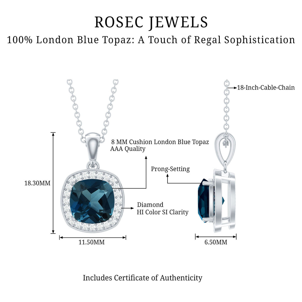 Cushion Cut 2.8 Carat London Blue Topaz Pendant with Diamond Halo