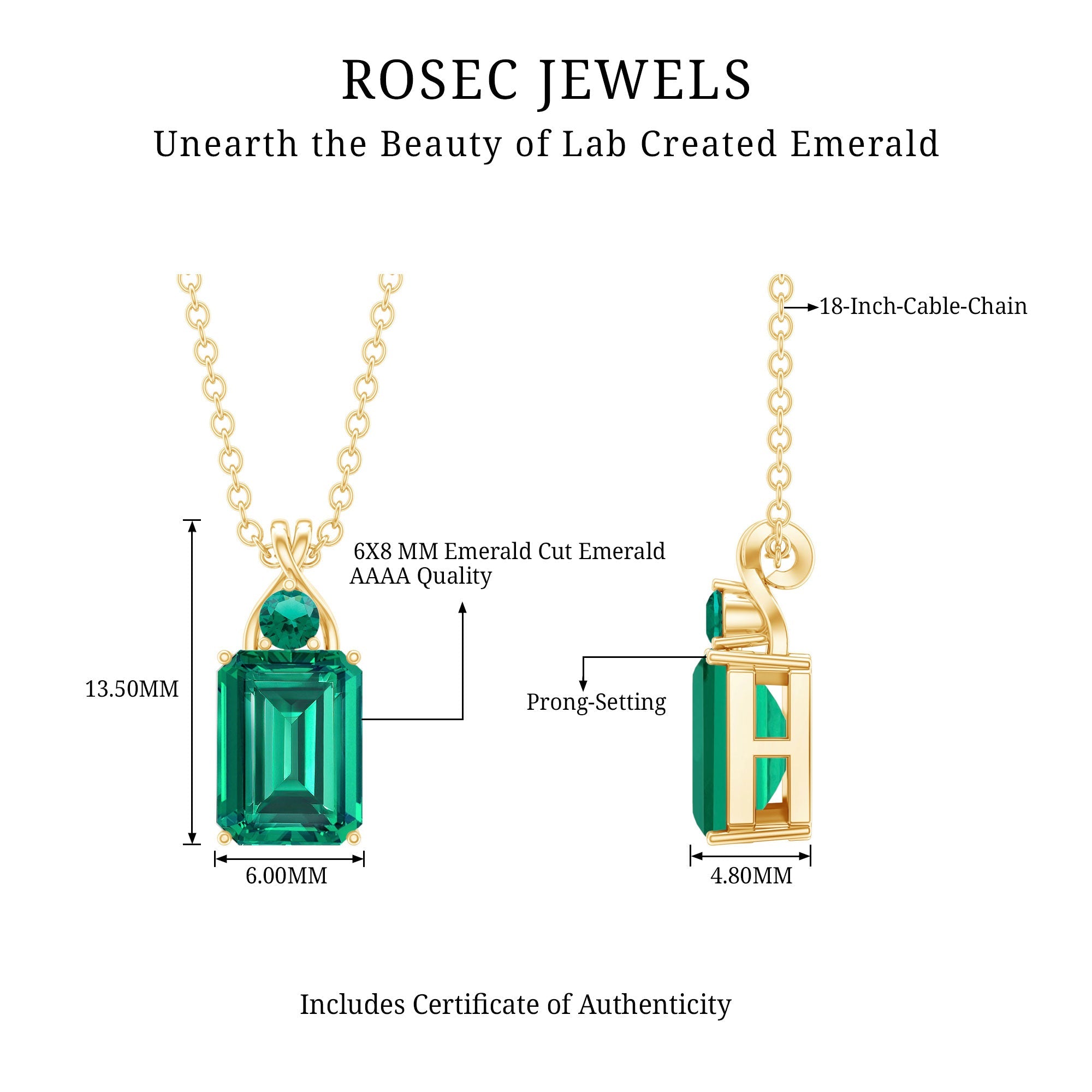 Certified 1.68 Carat Lab Created Emerald Solitaire Necklace