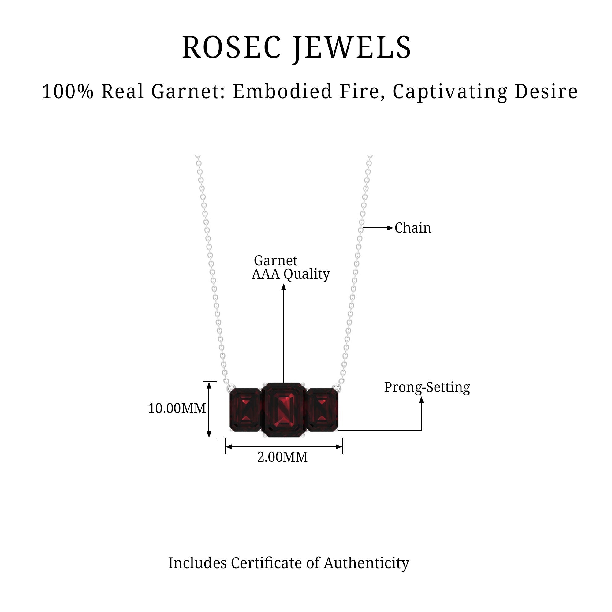3 Carat Emerald Cut Garnet Three Stone Necklace