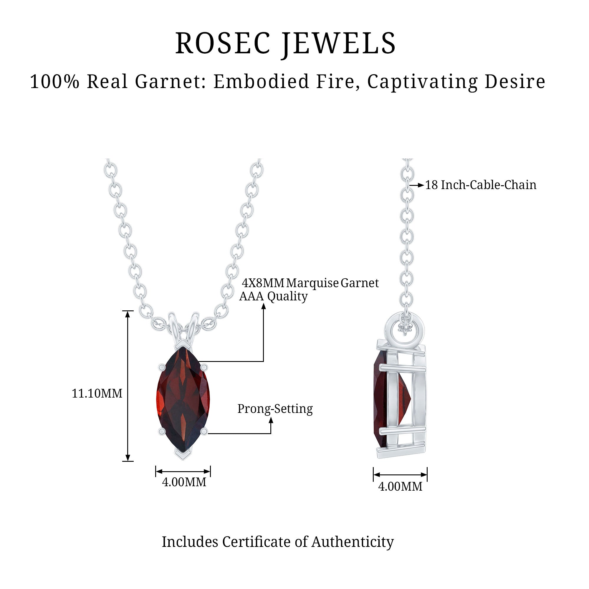 4X8MM Marquise Cut Garnet Solitaire Necklace With Chain