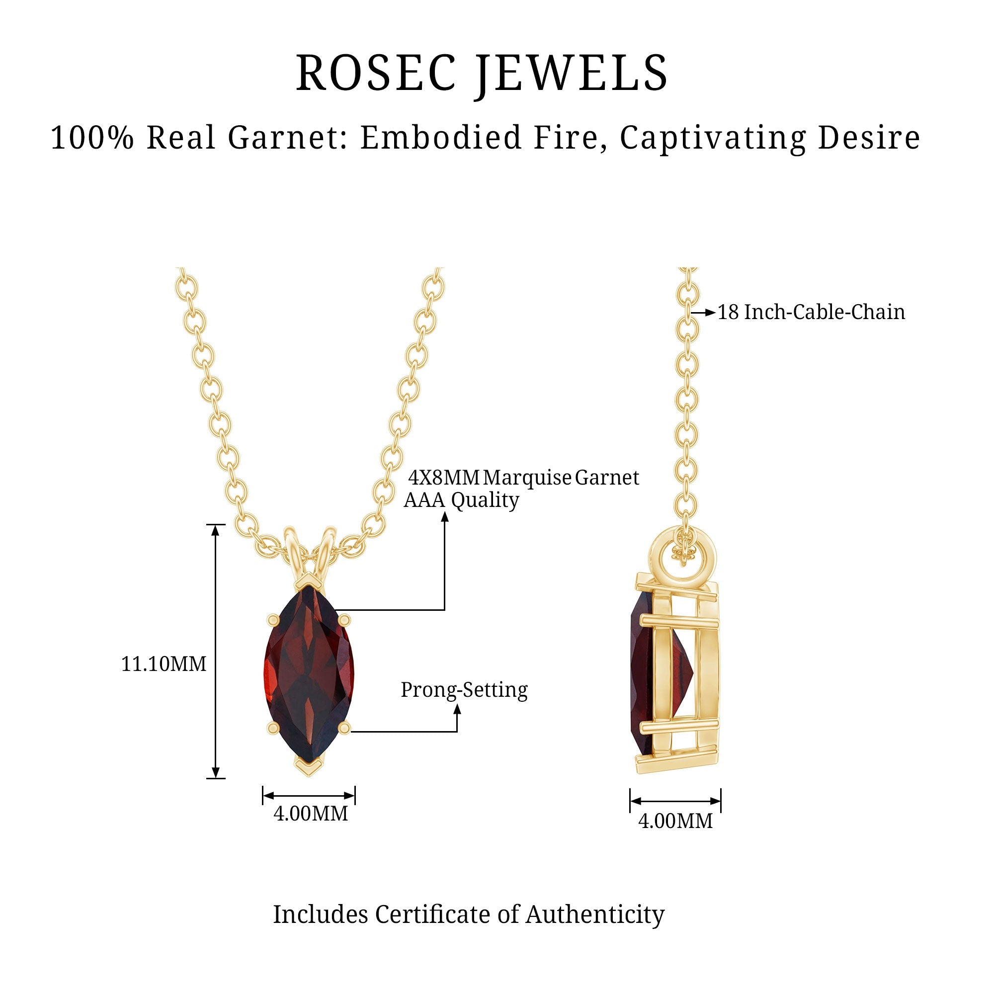 4X8MM Marquise Cut Garnet Solitaire Necklace With Chain