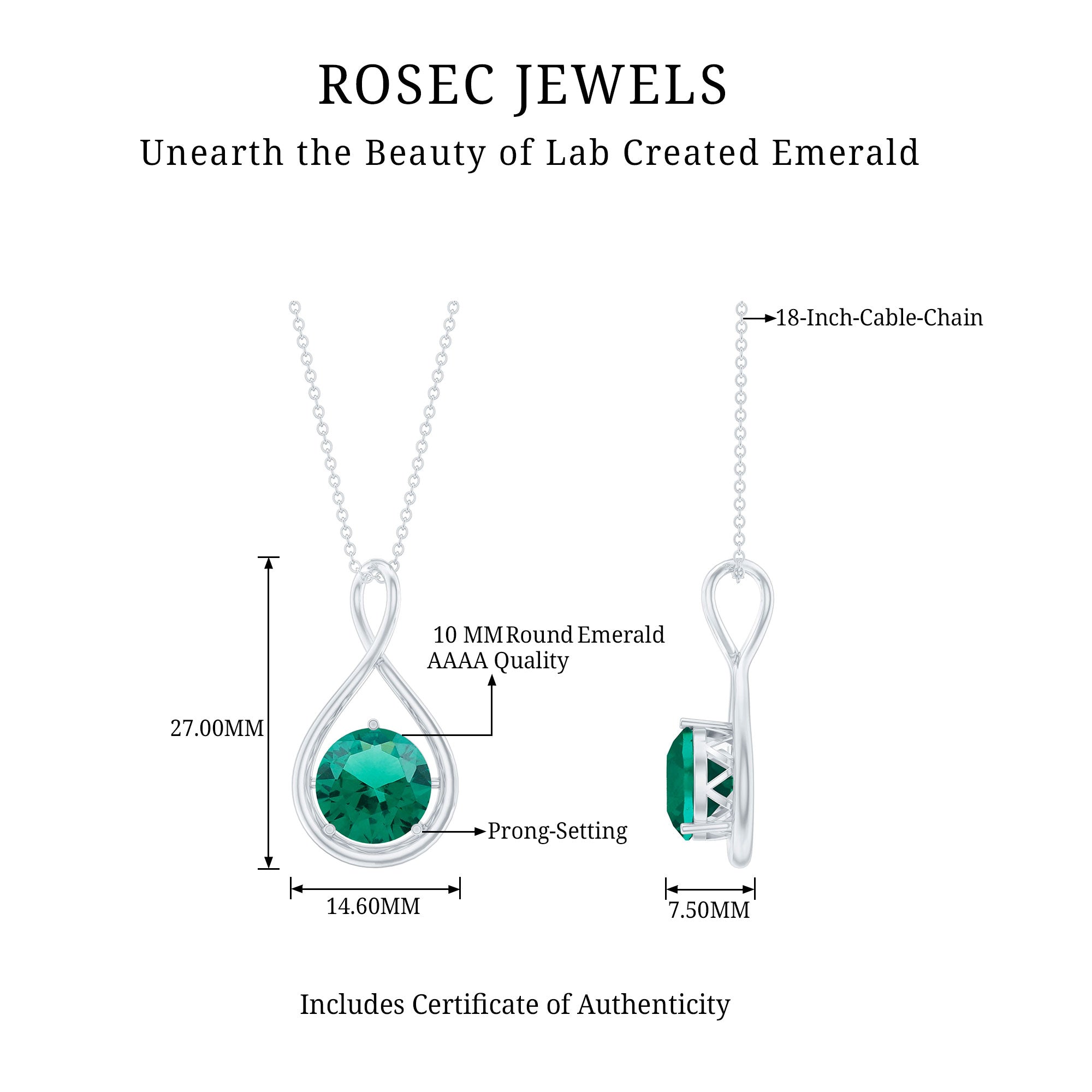 Solitaire 3.5 Carat Lab Grown Emerald Infinity Necklace