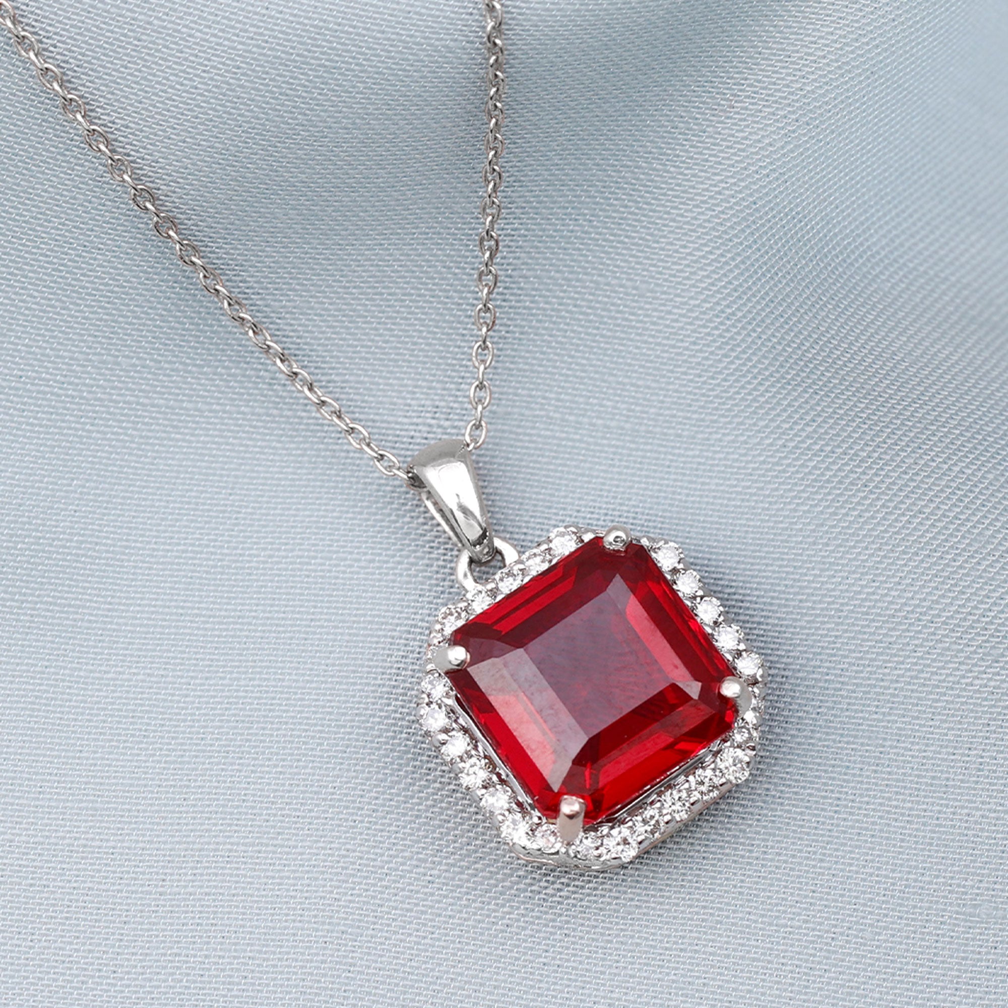 4.8 Carat Asscher Cut Lab Grown Ruby Necklace With Moissanite