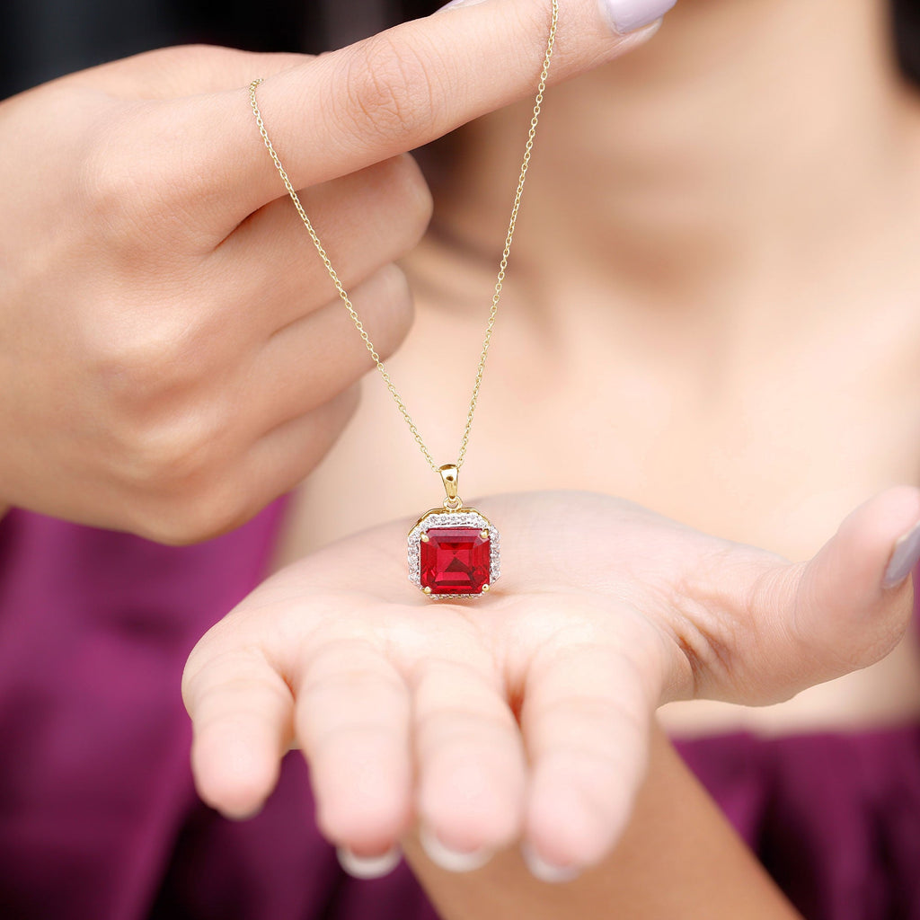 4.8 Carat Asscher Cut Lab Grown Ruby Necklace With Moissanite