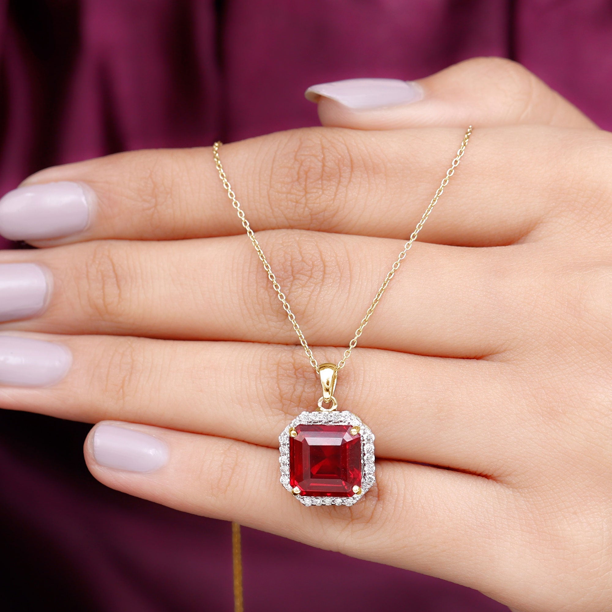 4.8 Carat Asscher Cut Lab Grown Ruby Necklace With Moissanite