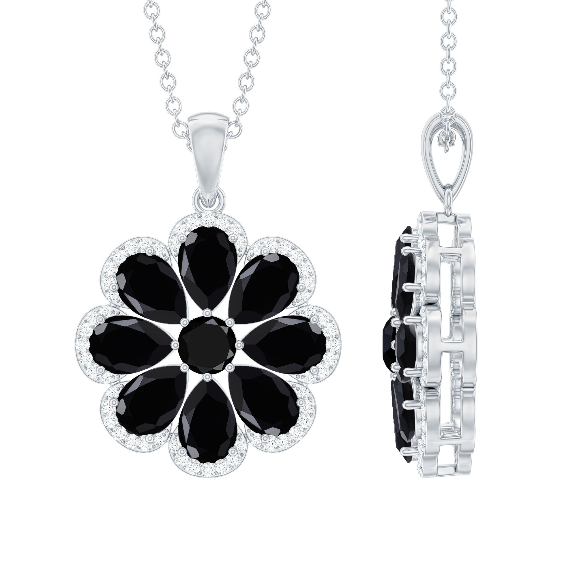 Certified Black Spinel Flower Necklace with Moissanite Halo