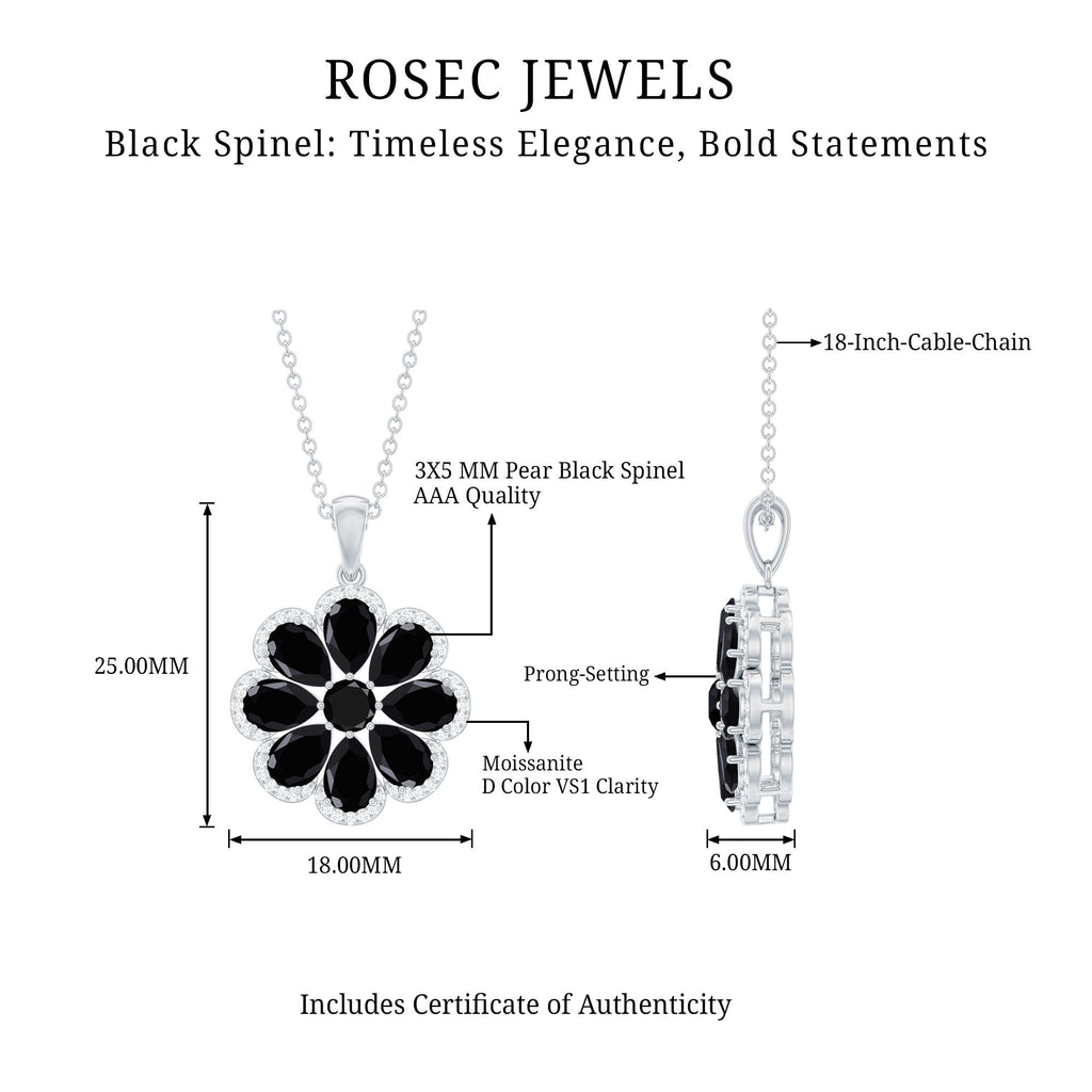 Certified Black Spinel Flower Necklace with Moissanite Halo