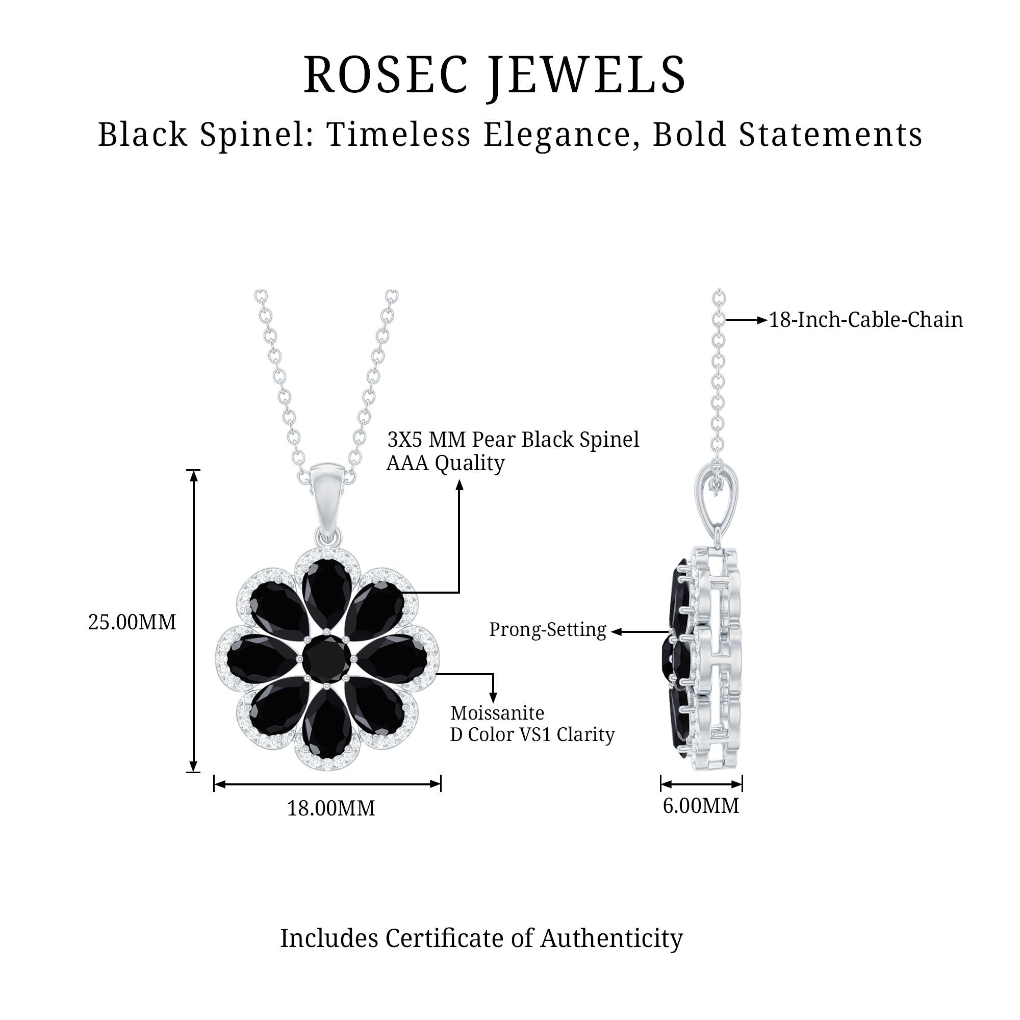 Certified Black Spinel Flower Necklace with Moissanite Halo