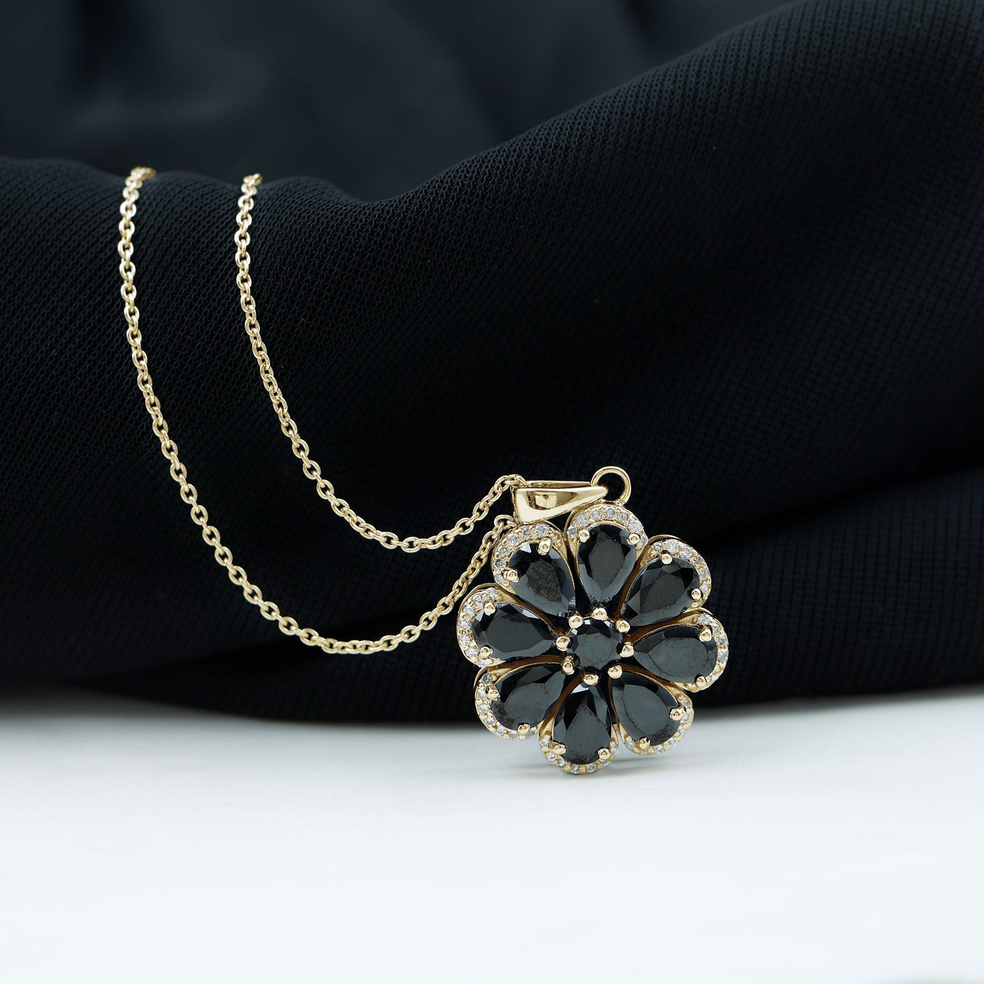 Certified Black Spinel Flower Necklace with Moissanite Halo
