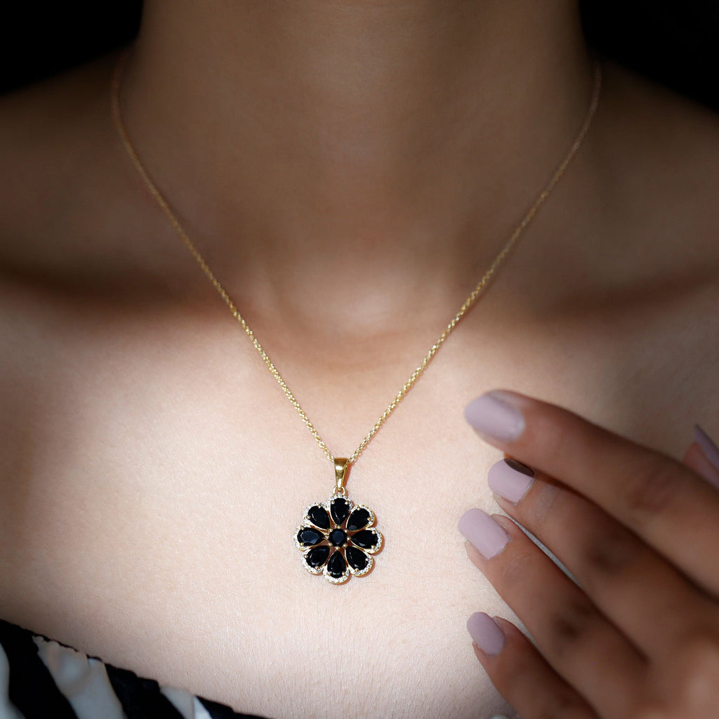 Certified Black Spinel Flower Necklace with Moissanite Halo