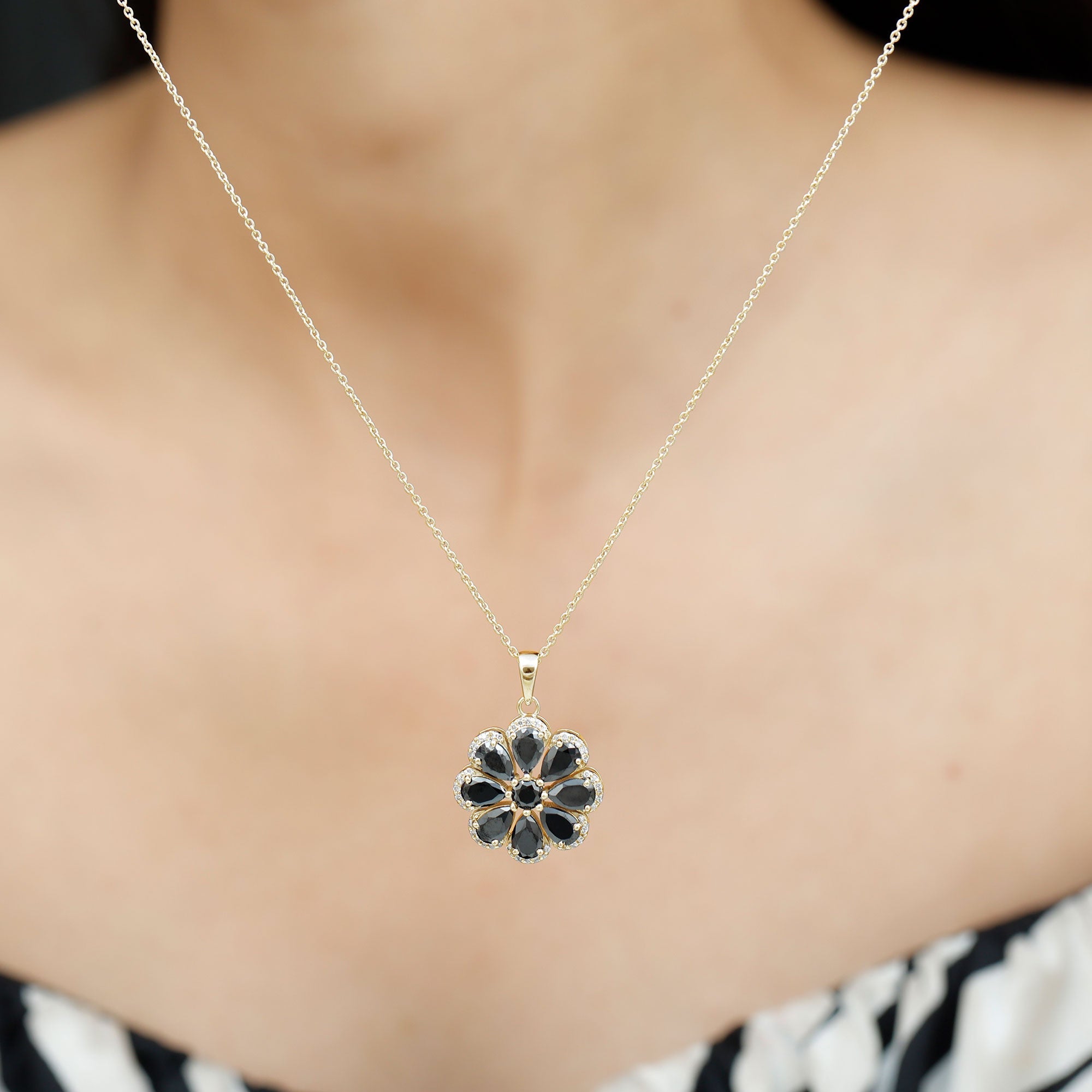 Certified Black Spinel Flower Necklace with Moissanite Halo