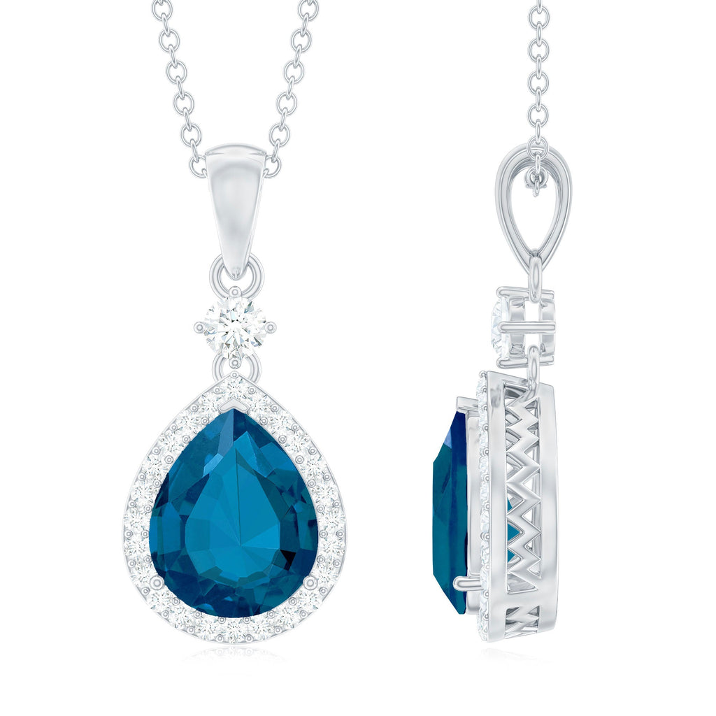 1.75 Carat London Blue Topaz Teardrop Necklace with Moissanite Halo