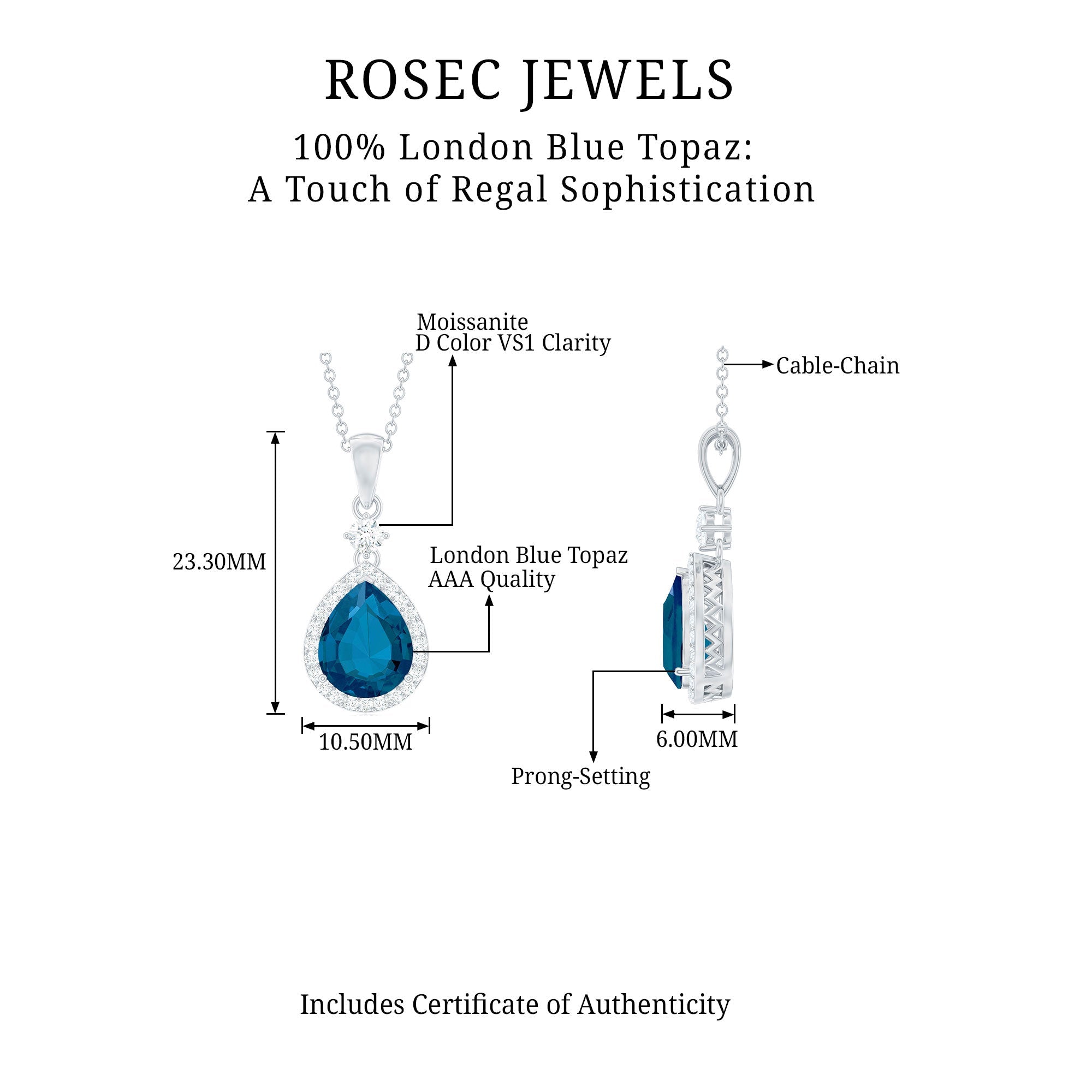 1.75 Carat London Blue Topaz Teardrop Necklace with Moissanite Halo