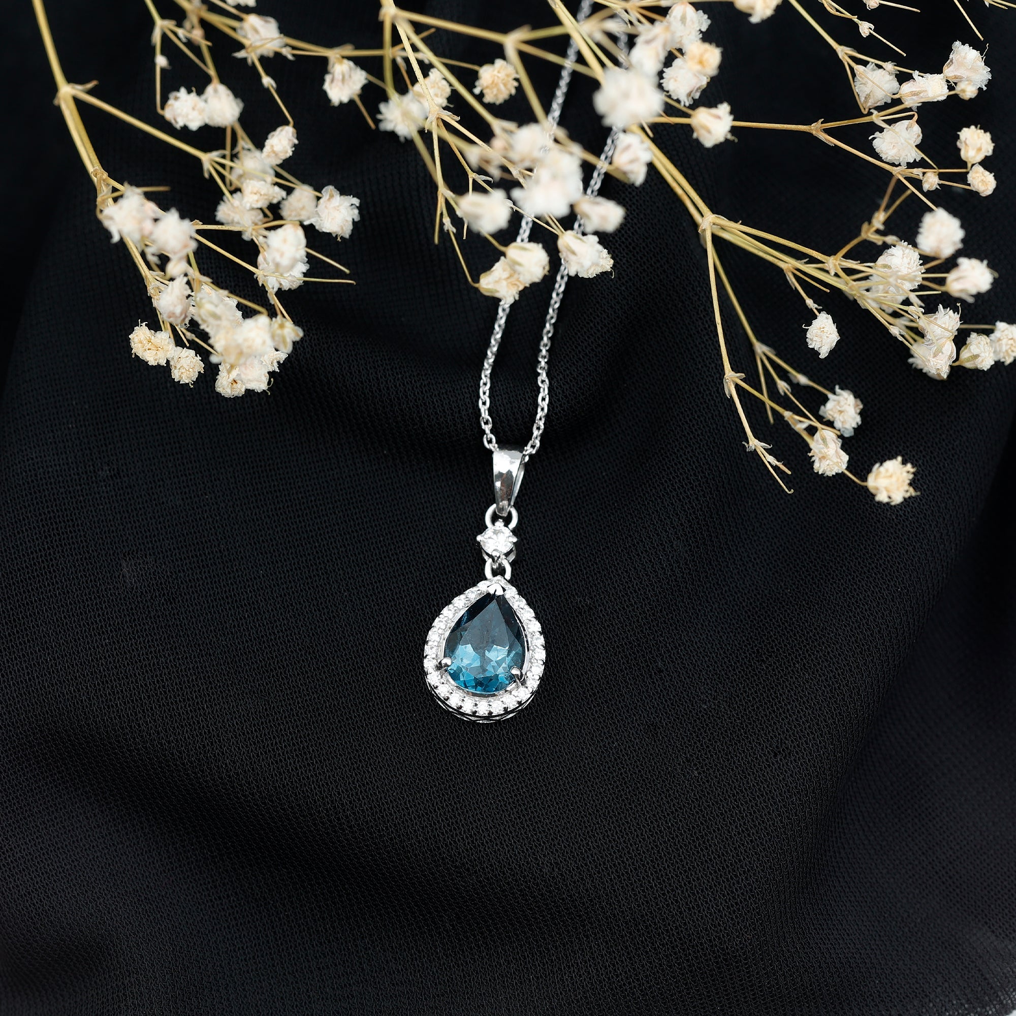 1.75 Carat London Blue Topaz Teardrop Necklace with Moissanite Halo