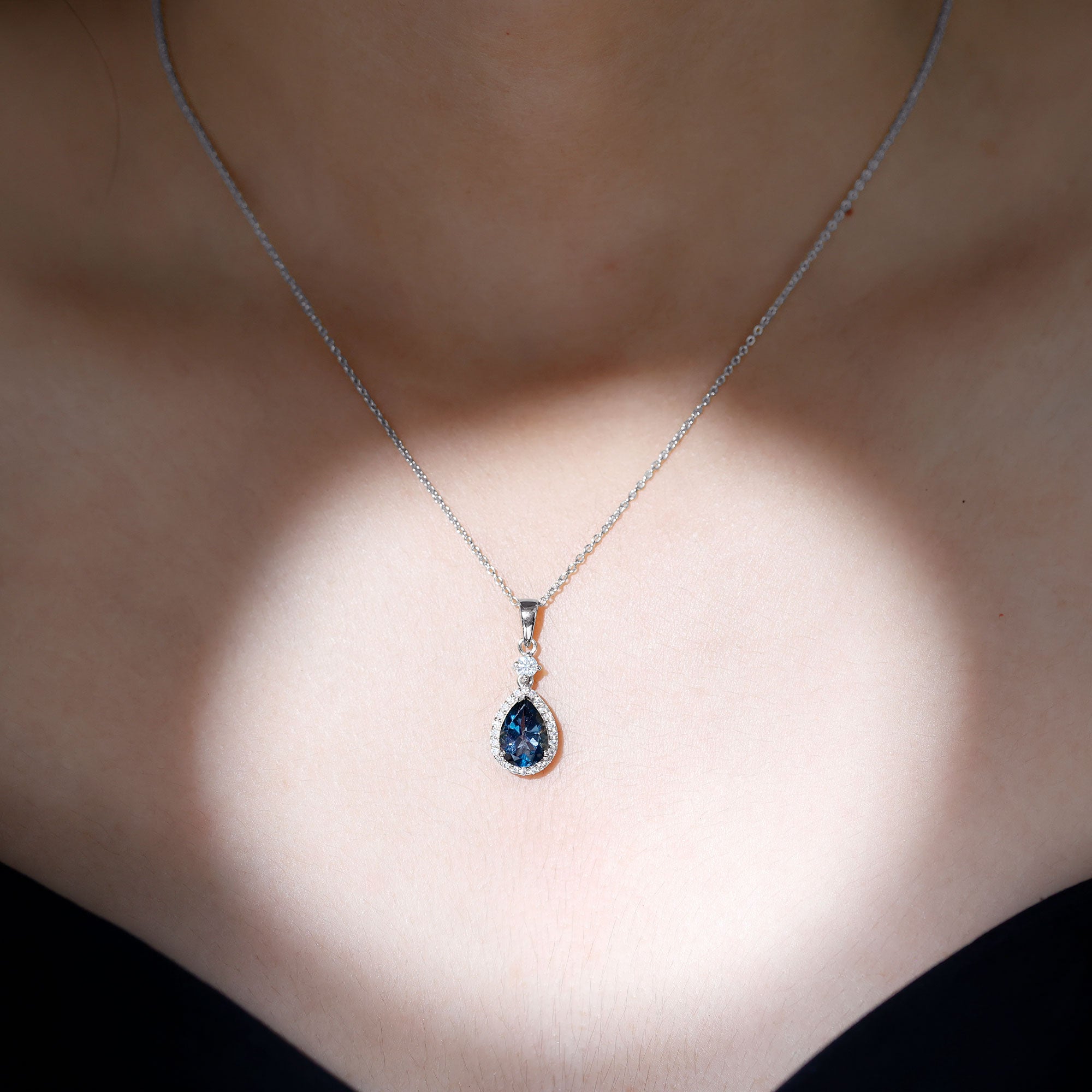 1.75 Carat London Blue Topaz Teardrop Necklace with Moissanite Halo