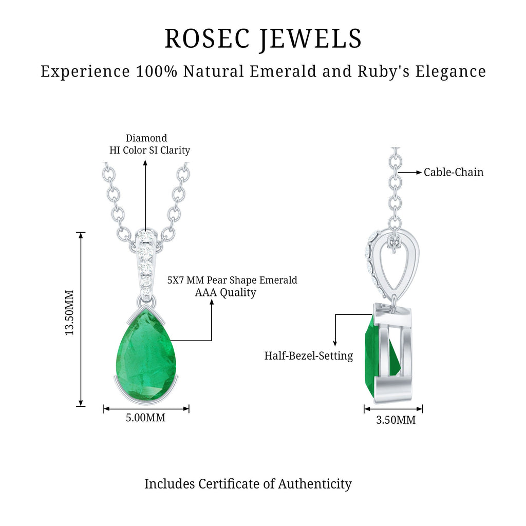 3/4 CT Pear Cut Emerald Solitaire Pendant in Half Bezel Setting with Diamond Accent Bail