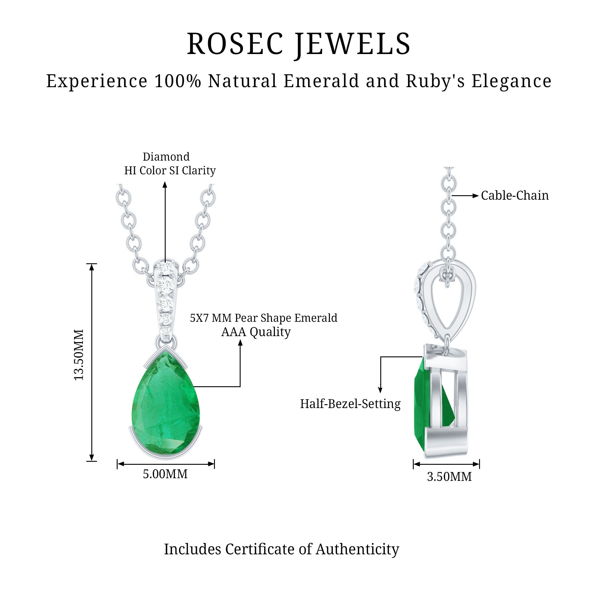 3/4 CT Pear Cut Emerald Solitaire Pendant in Half Bezel Setting with Diamond Accent Bail