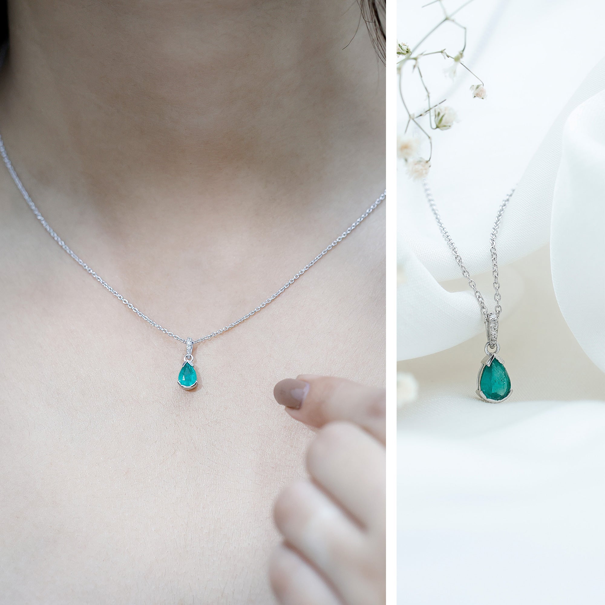 3/4 CT Pear Cut Emerald Solitaire Pendant in Half Bezel Setting with Diamond Accent Bail