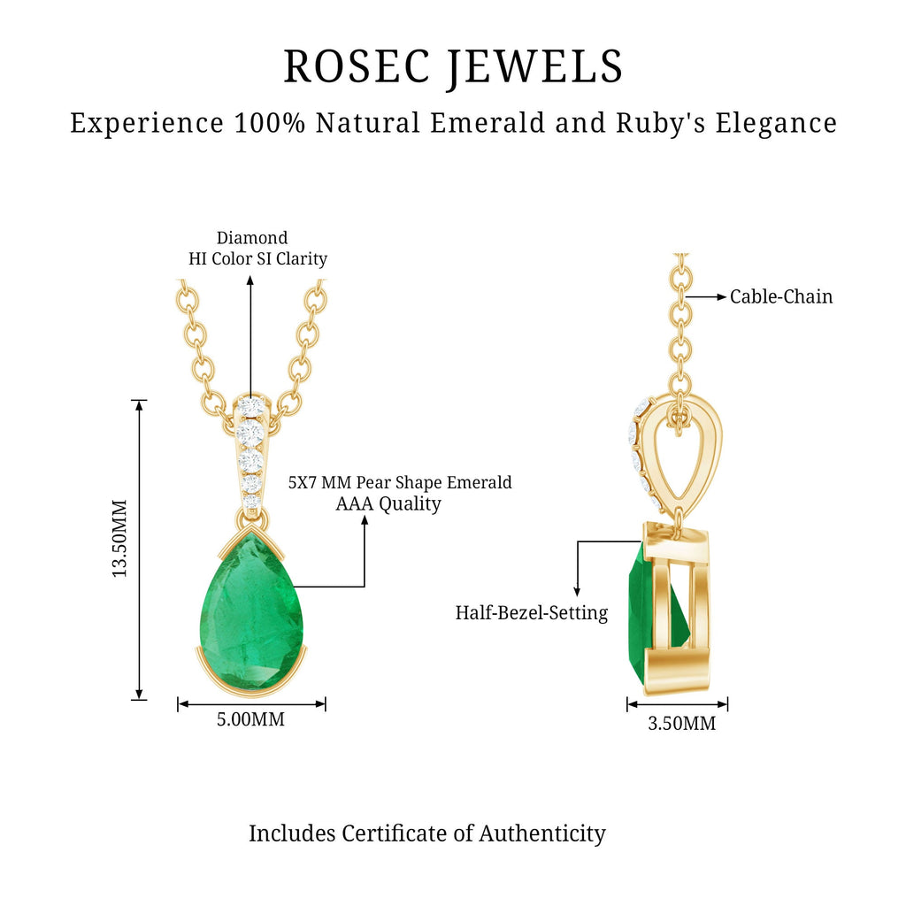 3/4 CT Pear Cut Emerald Solitaire Pendant in Half Bezel Setting with Diamond Accent Bail