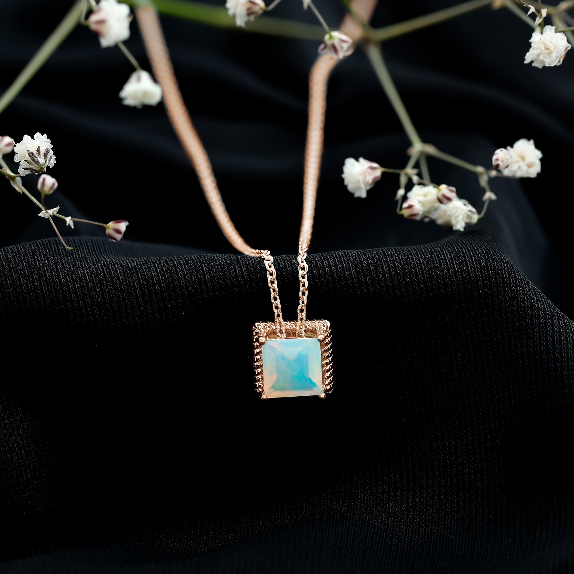7 MM Princess Cut Ethiopian Opal Solitaire Necklace with Rope Frame