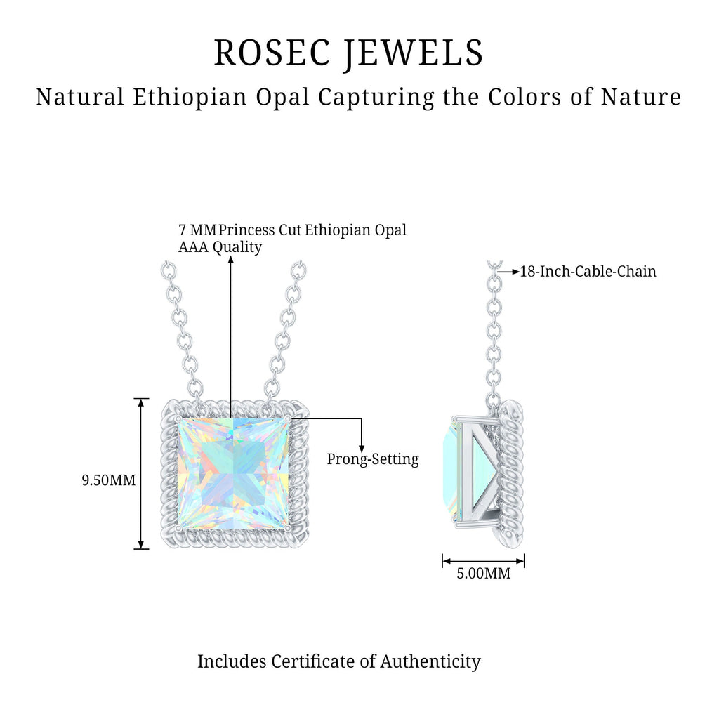 7 MM Princess Cut Ethiopian Opal Solitaire Necklace with Rope Frame