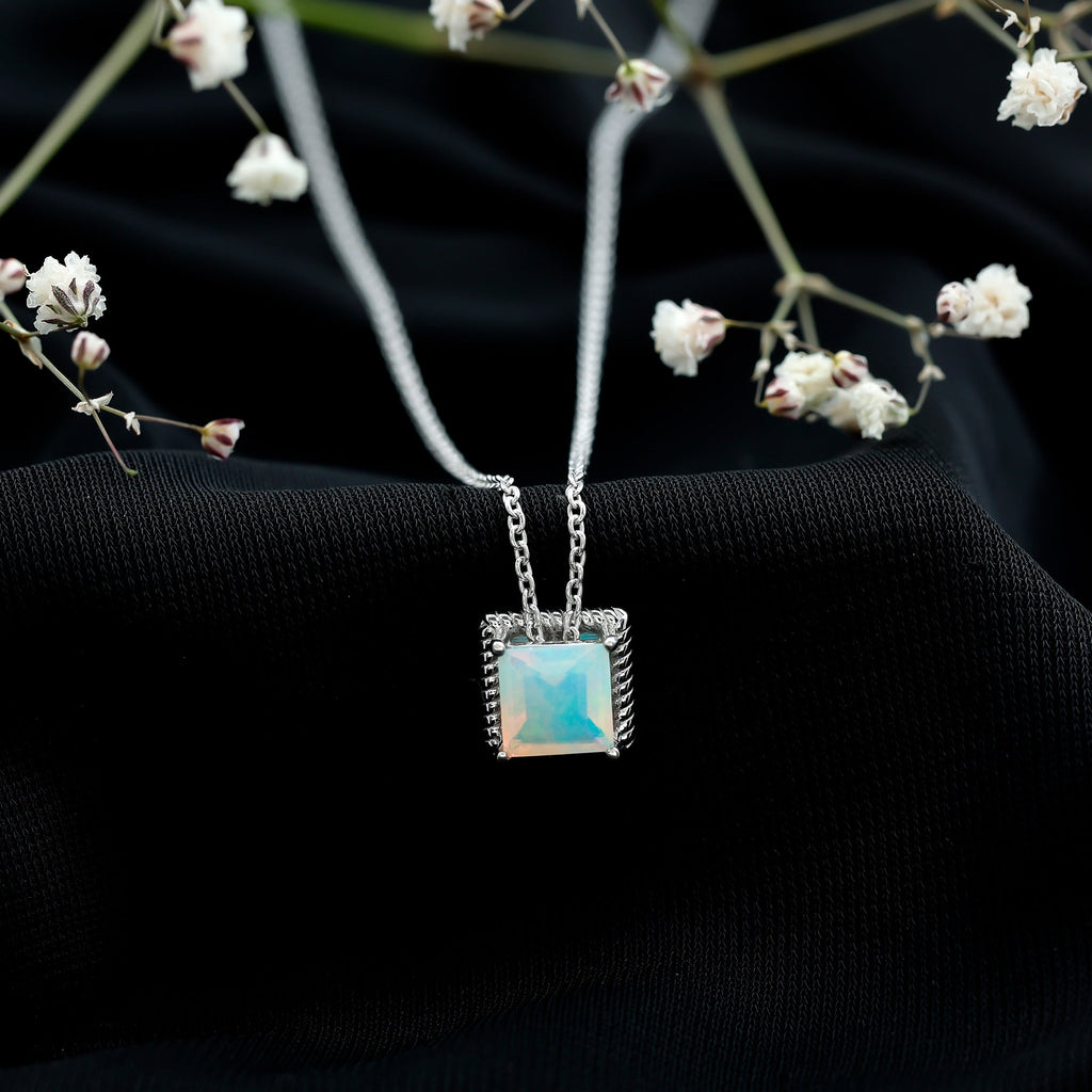 7 MM Princess Cut Ethiopian Opal Solitaire Necklace with Rope Frame