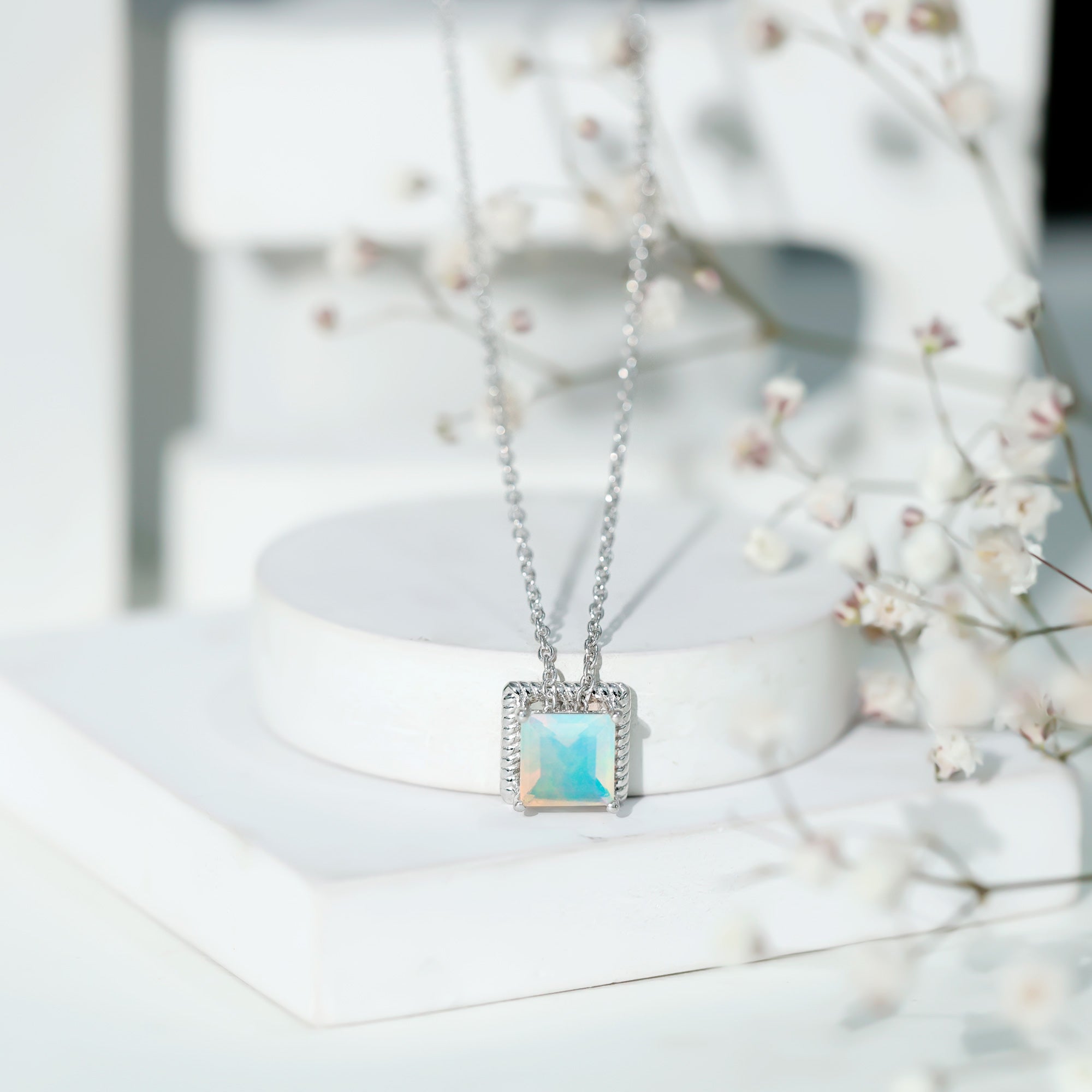 7 MM Princess Cut Ethiopian Opal Solitaire Necklace with Rope Frame