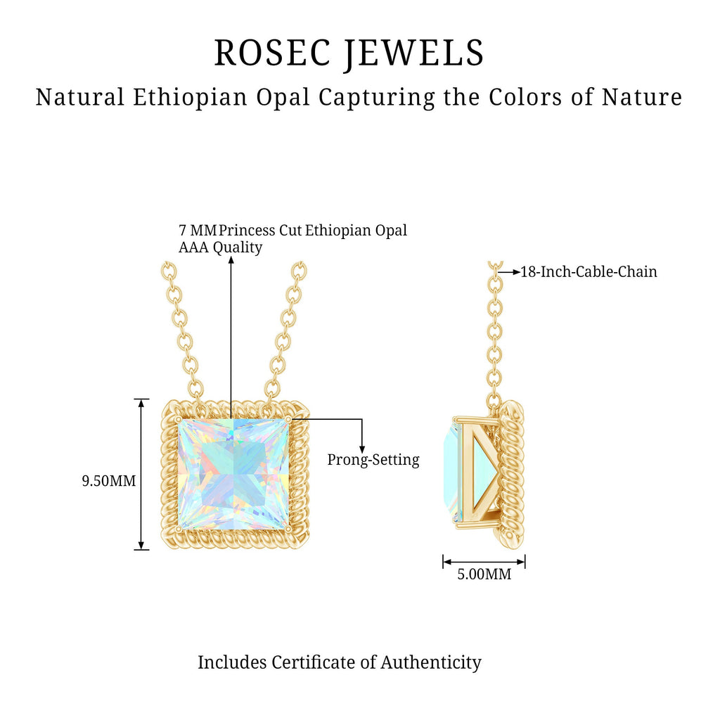 7 MM Princess Cut Ethiopian Opal Solitaire Necklace with Rope Frame