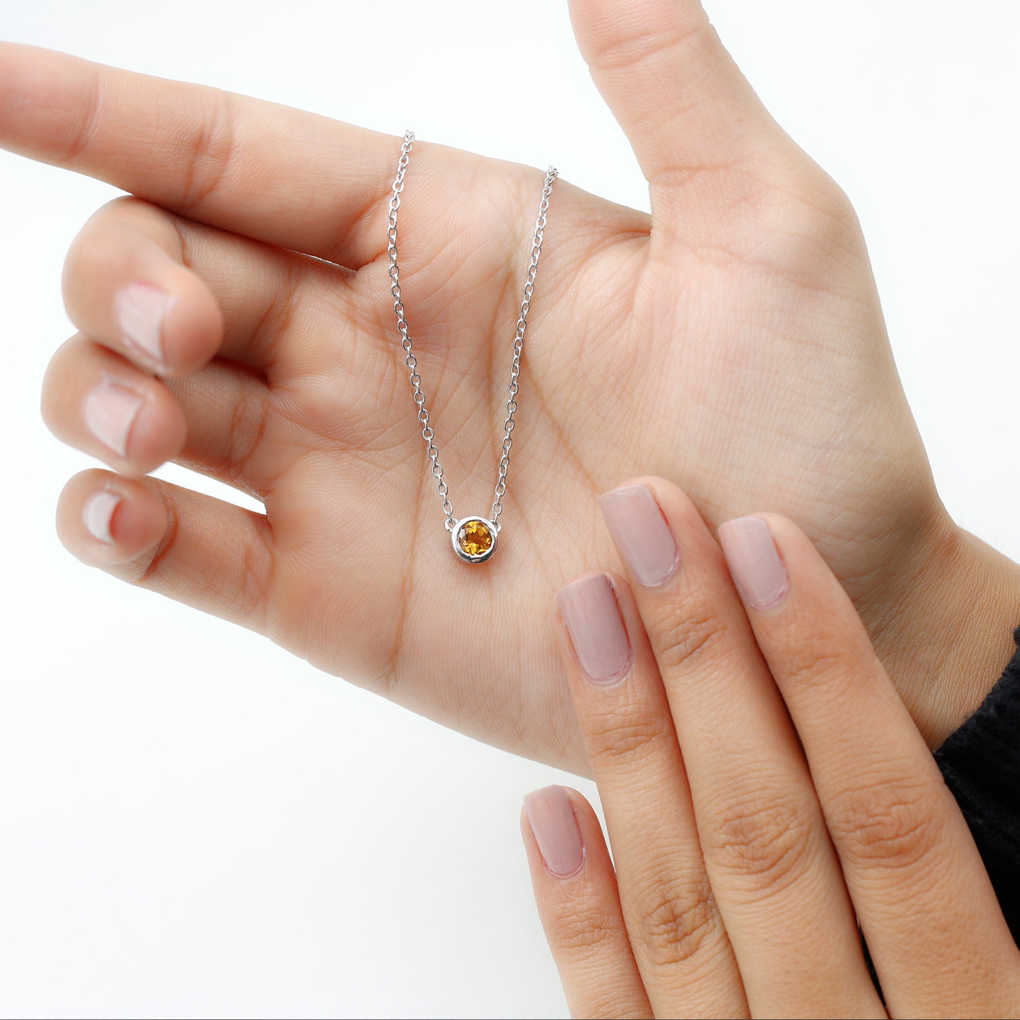 Round Shape Citrine Solitaire Necklace in Bezel Setting