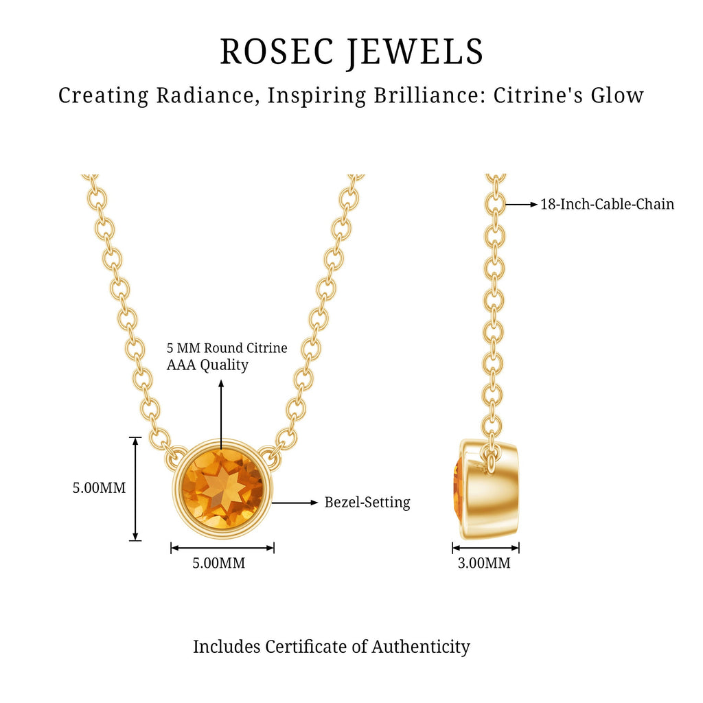 Round Shape Citrine Solitaire Necklace in Bezel Setting