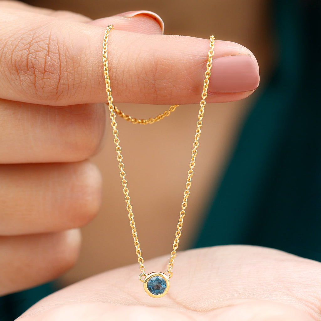 0.6 Carat Round London Blue Topaz Solitaire Necklace in Bezel Setting