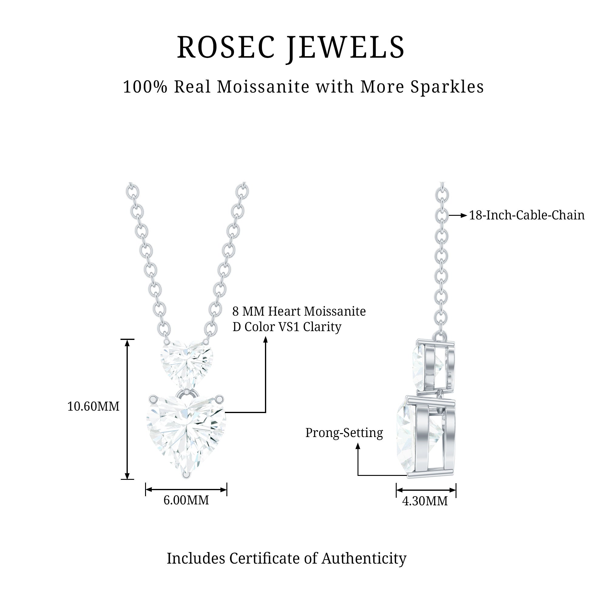 Certified Moissanite Twin Heart Necklace in Prong Setting