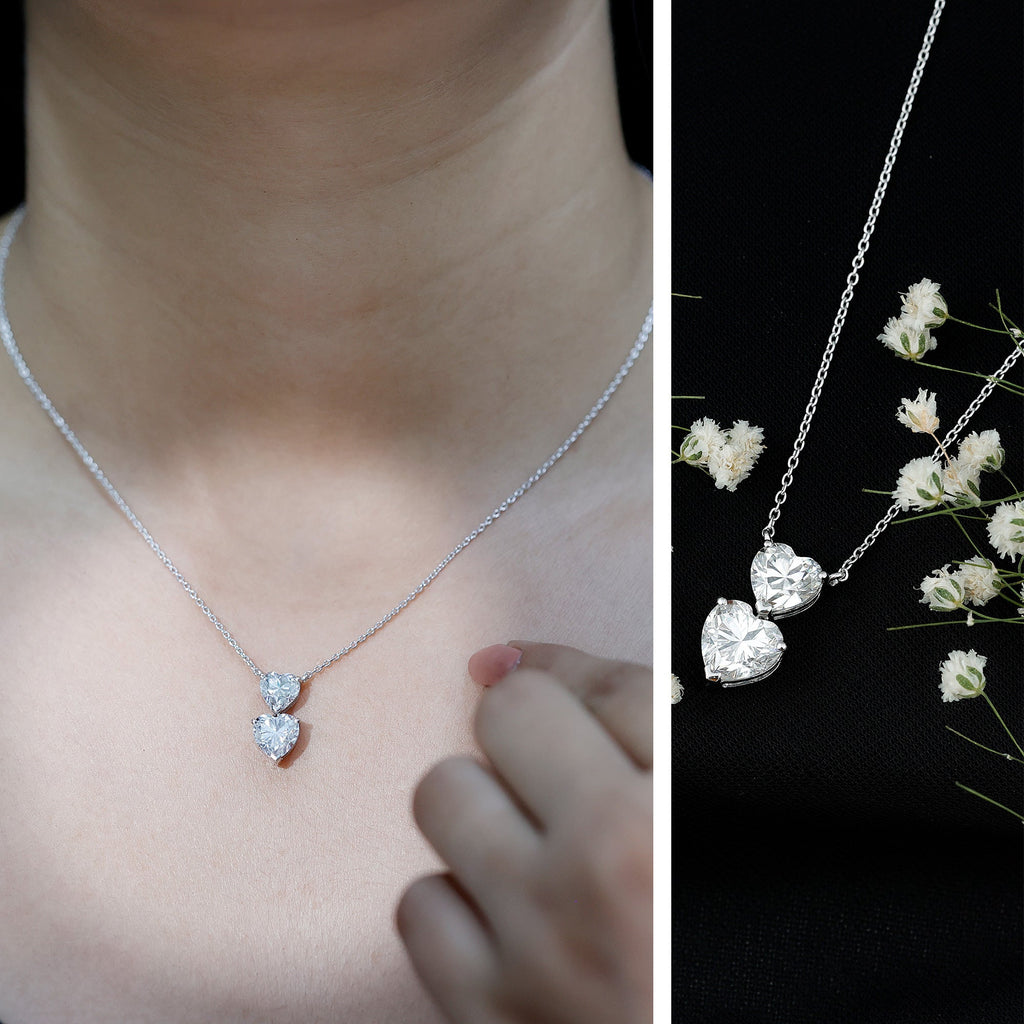 Certified Moissanite Twin Heart Necklace in Prong Setting