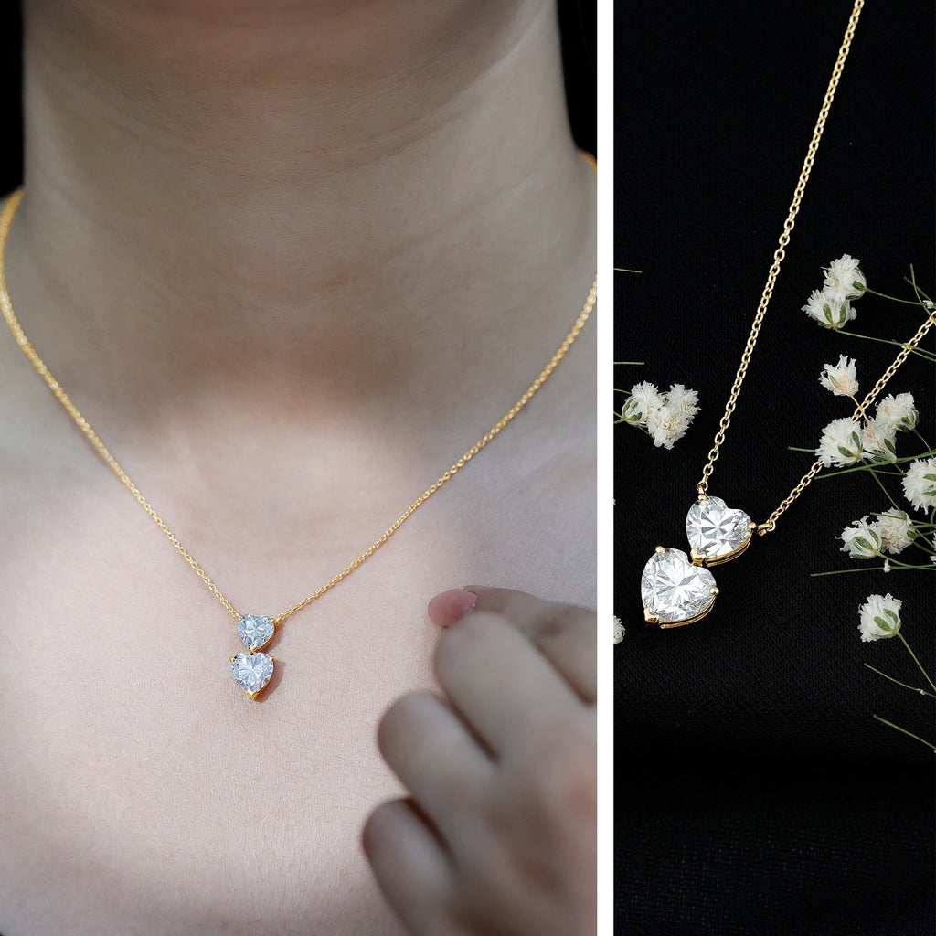 Certified Moissanite Twin Heart Necklace in Prong Setting