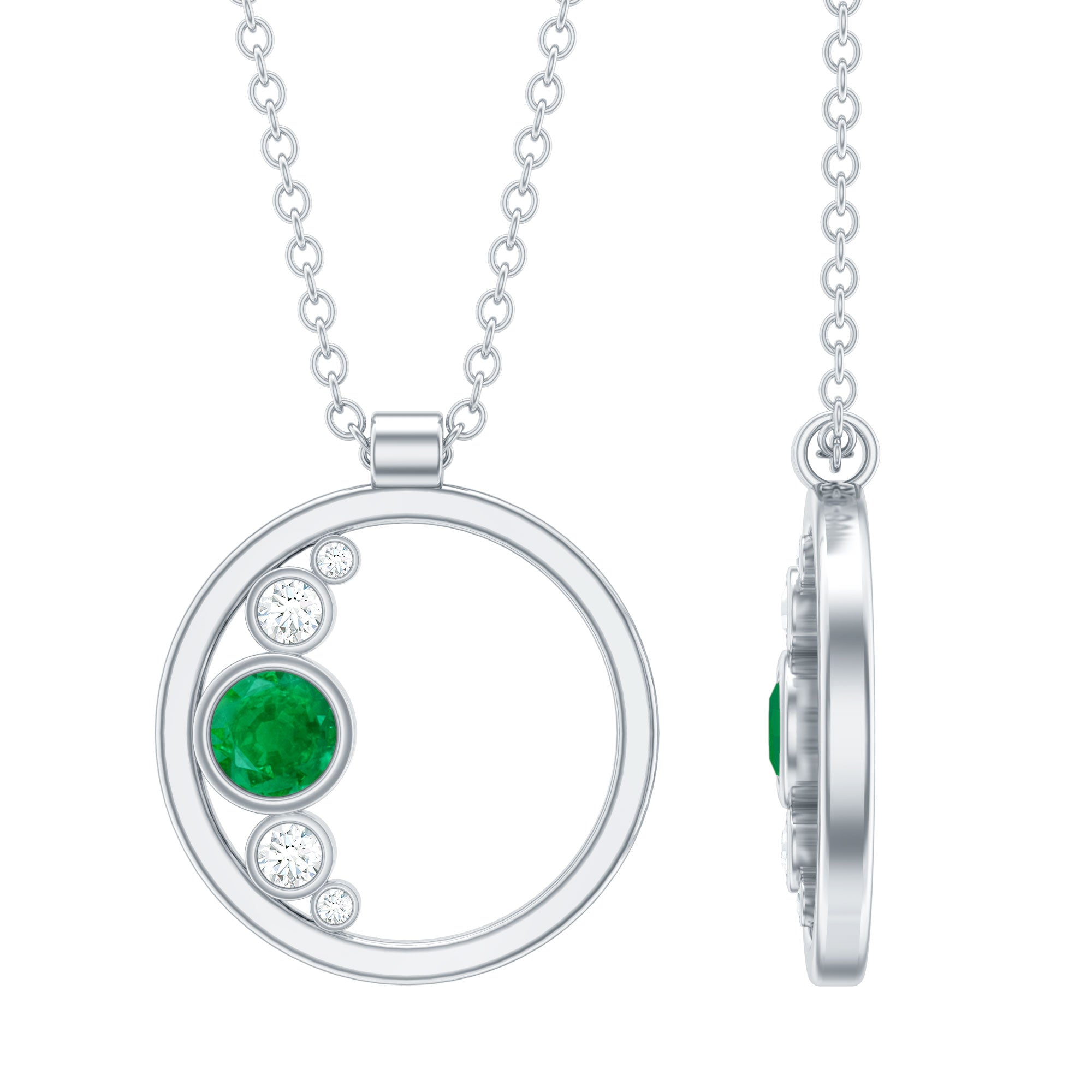 Bezel Set Emerald and Diamond Promise Necklace For Women