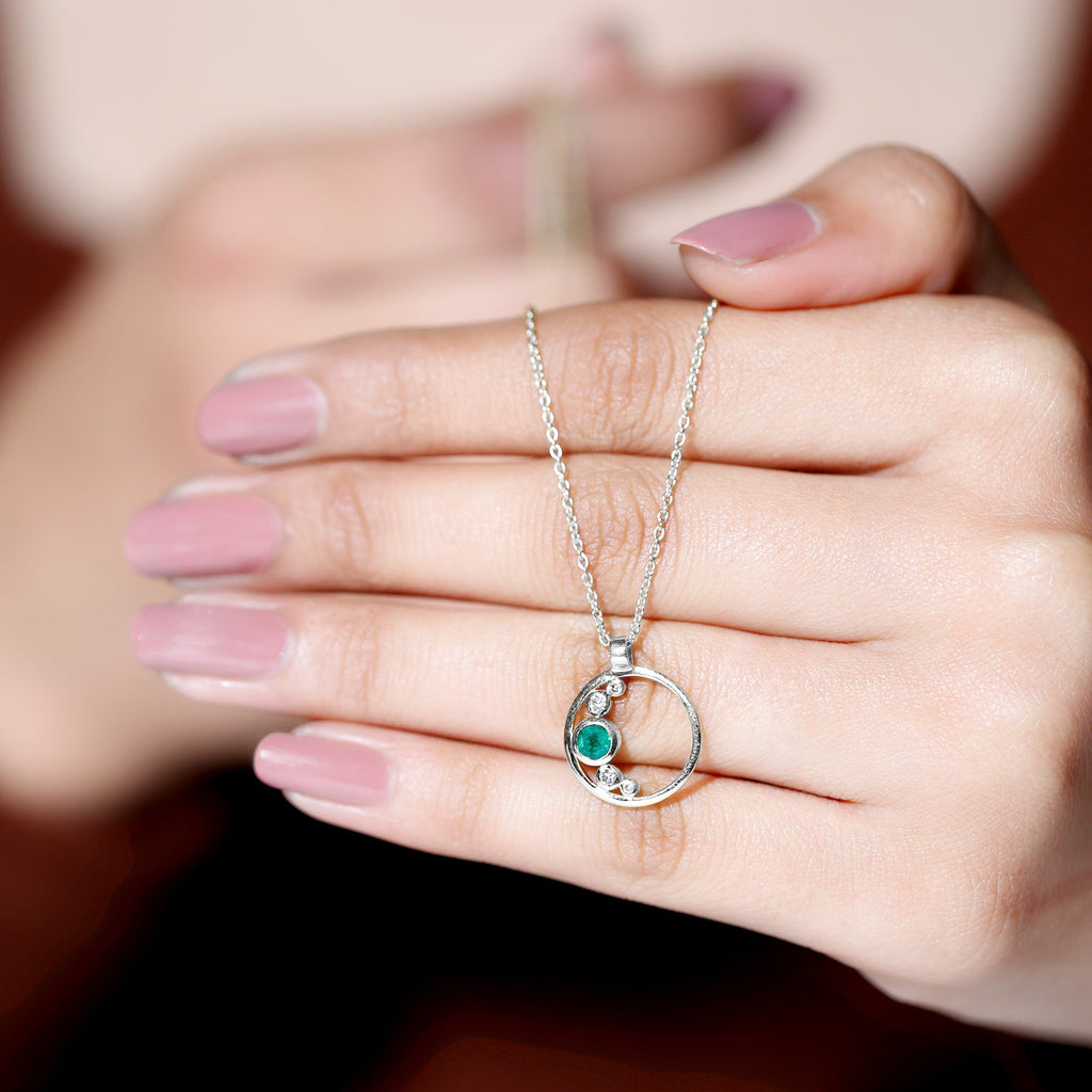 Bezel Set Emerald and Diamond Promise Necklace For Women