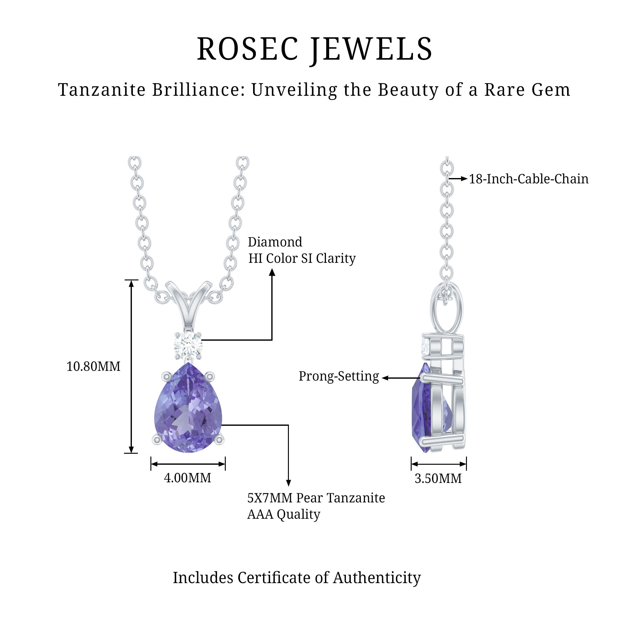 Real Tanzanite Teardrop Pendant Necklace with Diamond