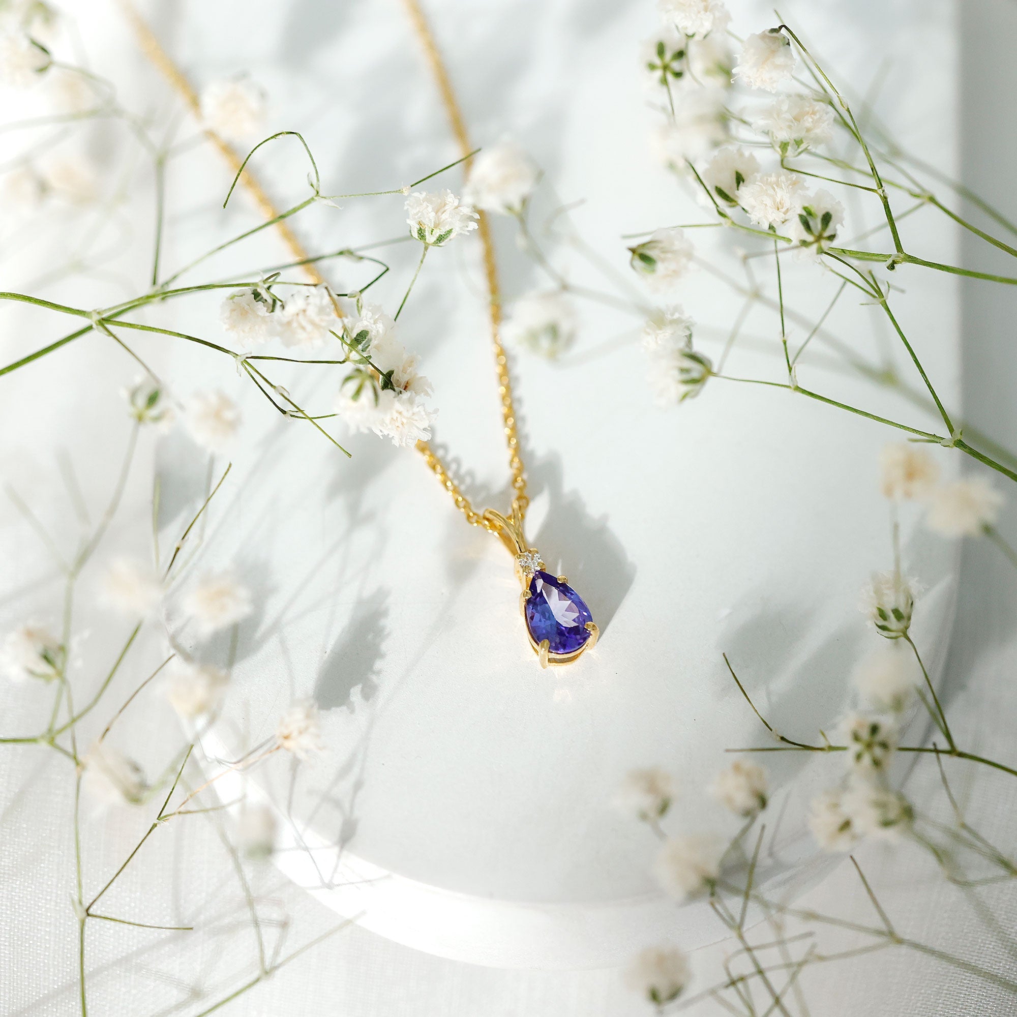 Real Tanzanite Teardrop Pendant Necklace with Diamond