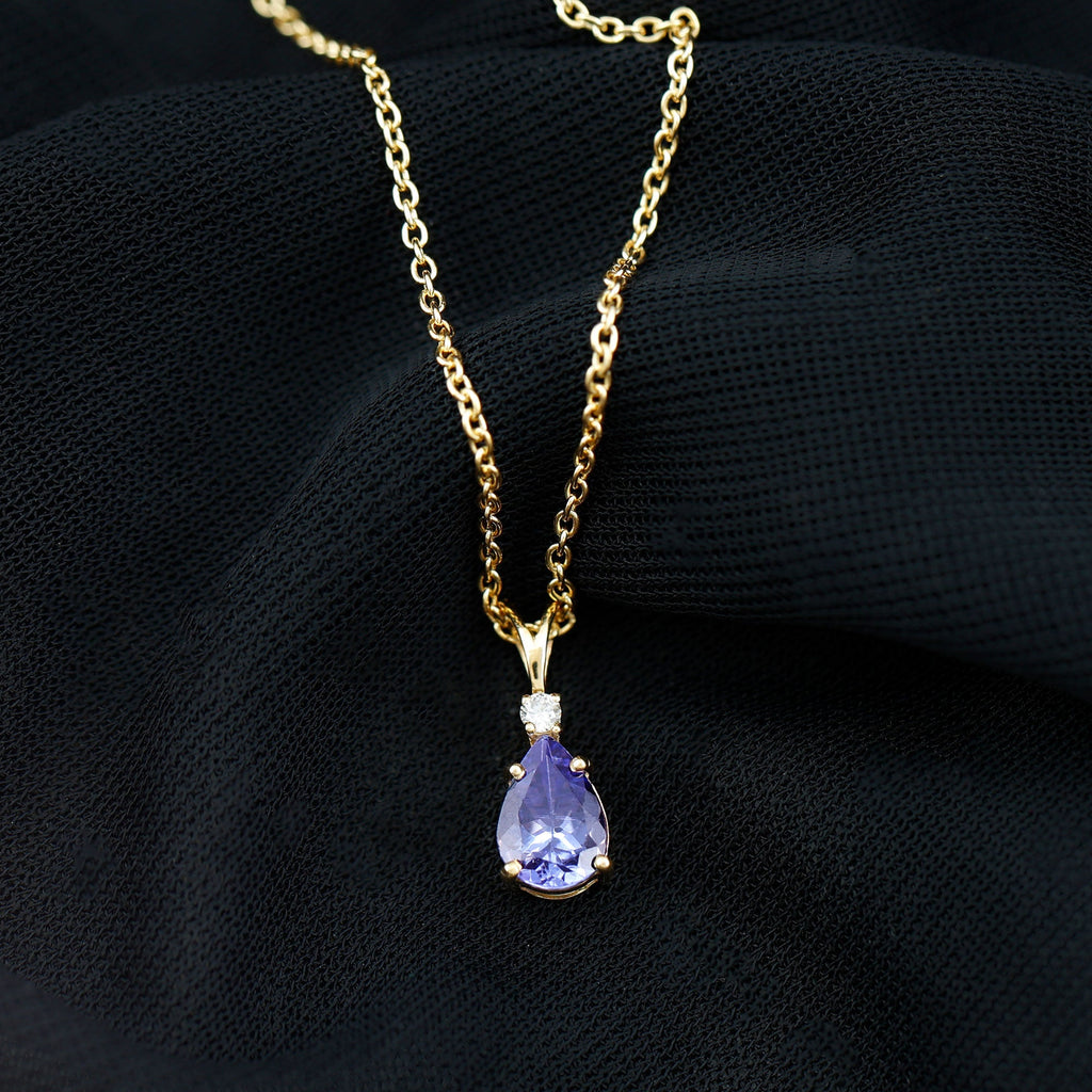 Real Tanzanite Teardrop Pendant Necklace with Diamond
