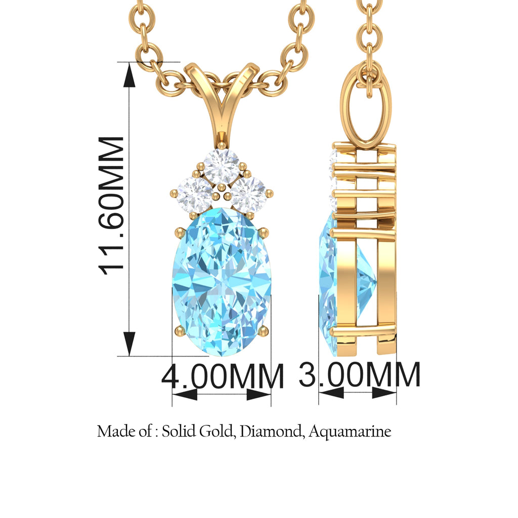Real 1 Carat Oval Cut Aquamarine Pendant Necklace with Diamond Trio
