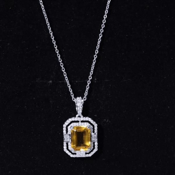 2.3 Carat Lab Grown Yellow Sapphire Emerald Cut Necklace with Moissanite Halo