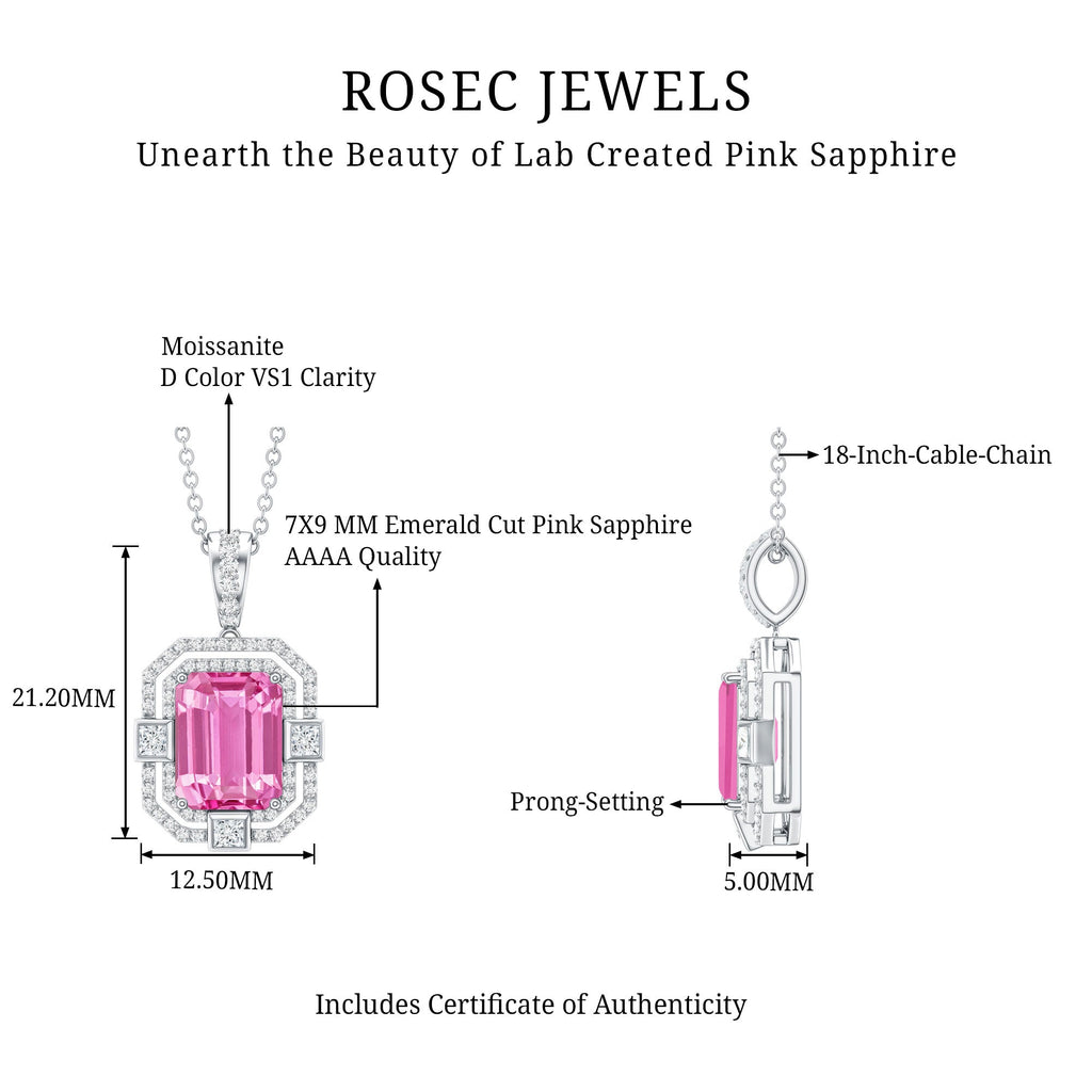2.3 Carat Lab Grown Yellow Sapphire Emerald Cut Necklace with Moissanite Halo