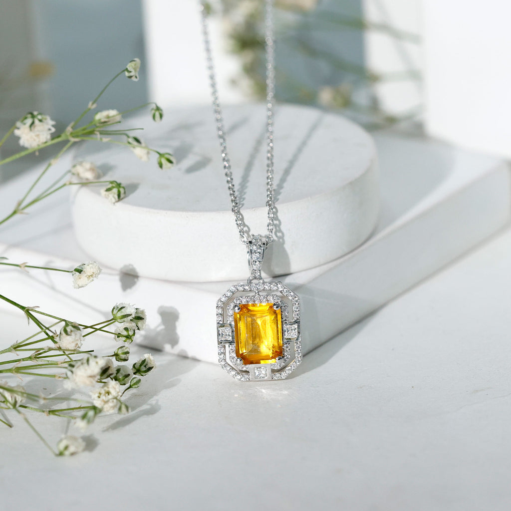 2.3 Carat Lab Grown Yellow Sapphire Emerald Cut Necklace with Moissanite Halo