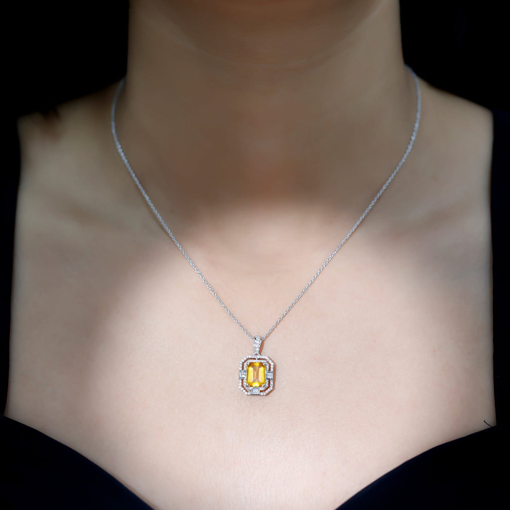 2.3 Carat Lab Grown Yellow Sapphire Emerald Cut Necklace with Moissanite Halo